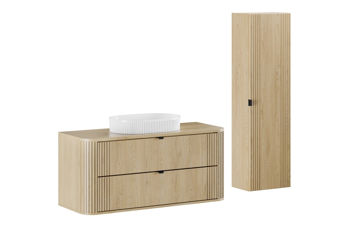 Zestaw Comad Ovalia Cremona szafka z blatem 120 cm wisząca dąb z umywalką Beyond 56x36 cm białą i szafka boczna wysoka SET-OVC B ...