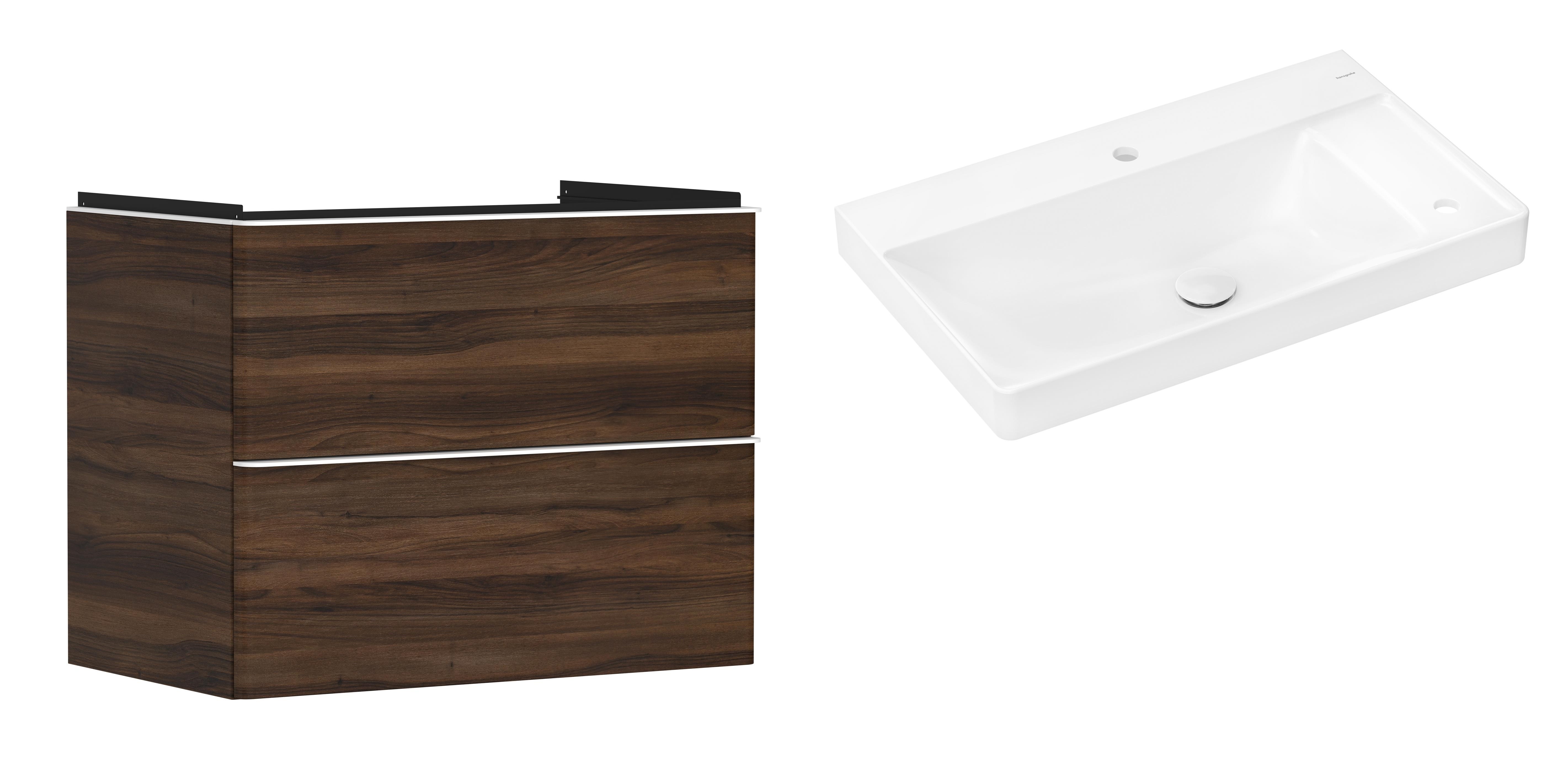 Hansgrohe Xelu Q szafka wisząca z umywalką 80x48 cm ciemny orzech/biały mat/biały (54030700, 61025450)