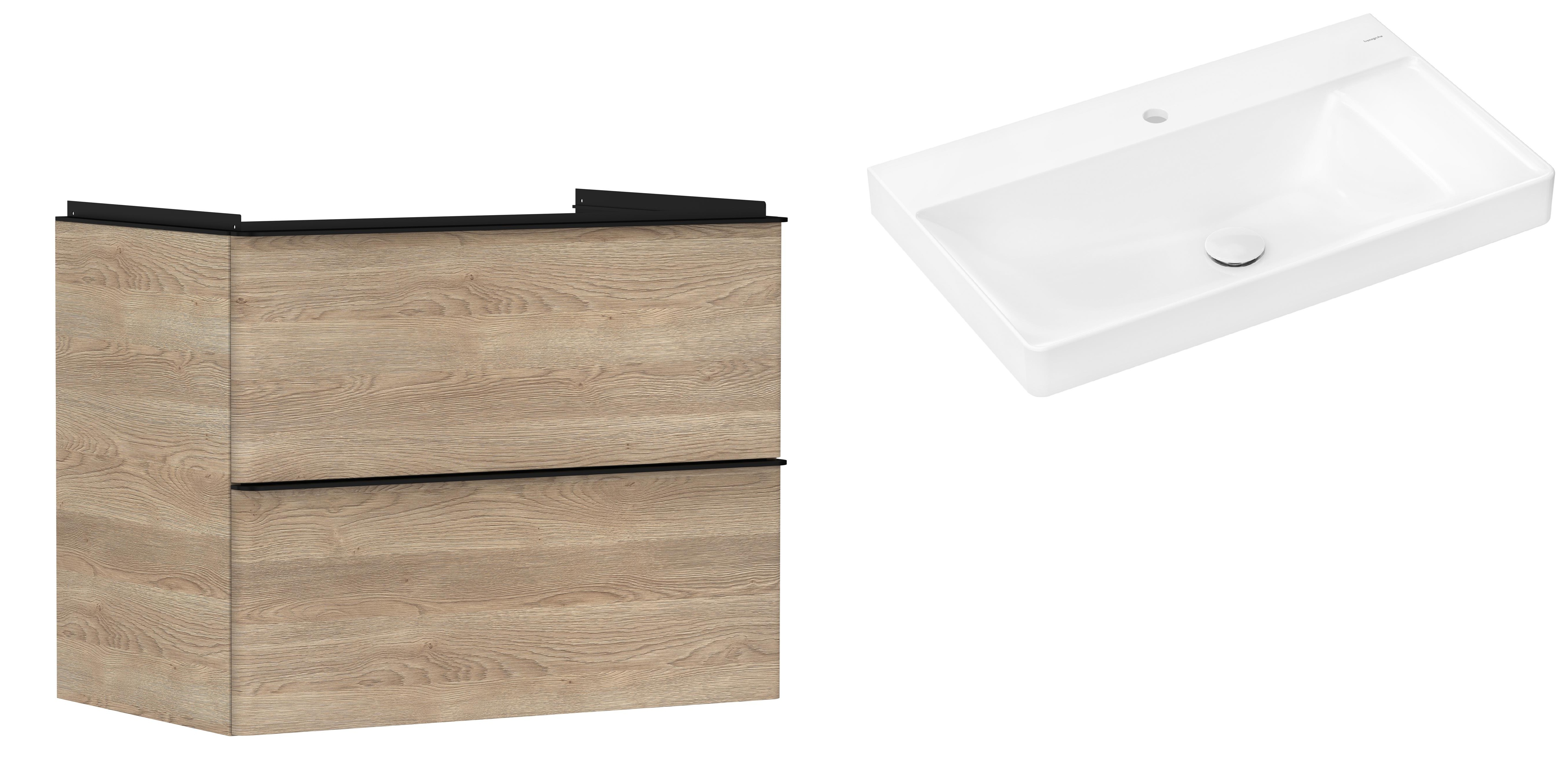 Hansgrohe Xelu Q szafka wisząca z umywalką 80x48 cm naturalny dąb/czarny mat/biały (54029670, 61024450)