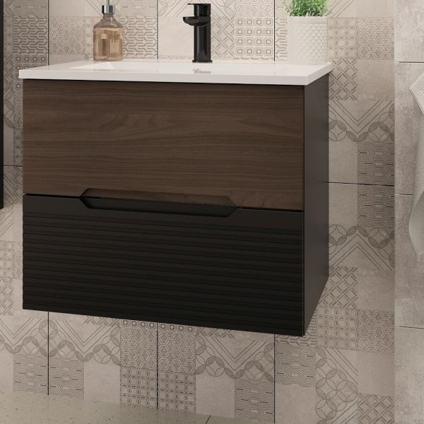 Zestaw Megstyl Avella szafka 60x45,8x50 cm podumywalkowa wisząca czarna-orzech z umywalką wpuszczaną białą (3191, 2516)
