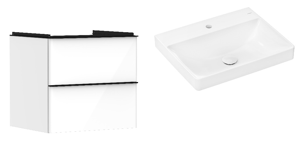 Hansgrohe Xelu Q szafka wisząca z umywalką 60x48 biały wysoki połysk/czarny mat/biały (54023670, 61016450)