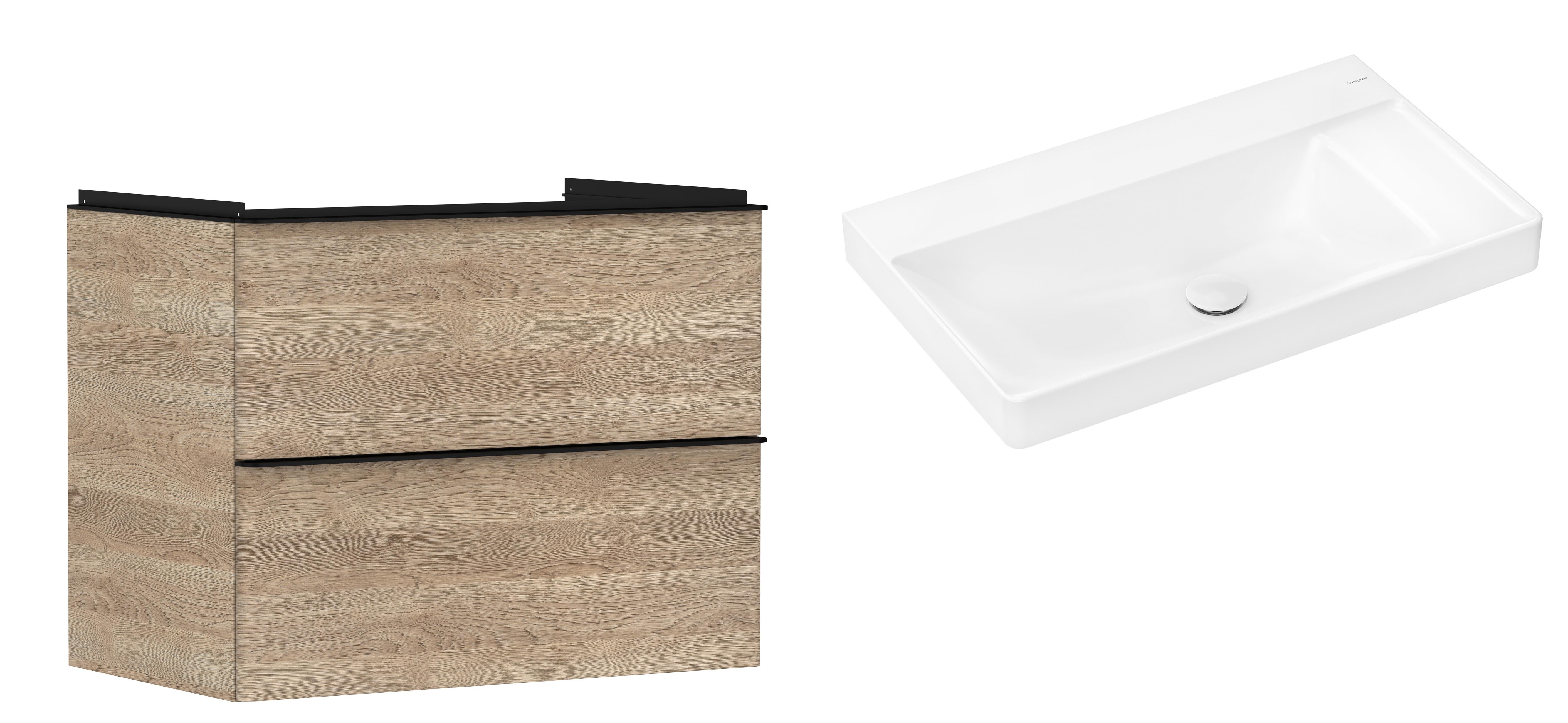 Hansgrohe Xelu Q szafka wisząca z umywalką 80x48 cm naturalny dąb/czarny mat/biały (54029670, 61026450)