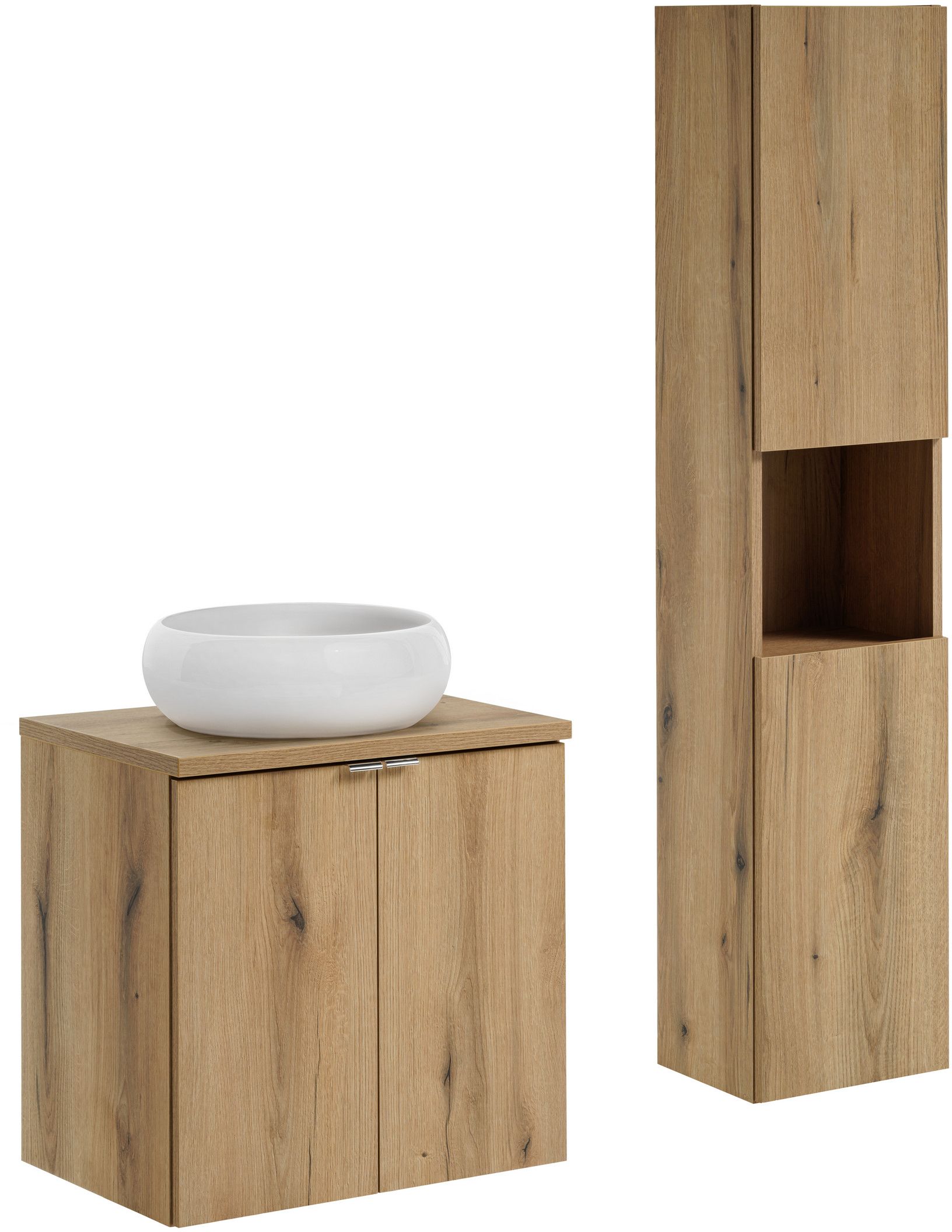 Zestaw Comad Nova Oak szafka z blatem 60 cm wisząca dąb i umywalka Wiki 36x36 cm biała z szafką boczną wysoką SET-NOA B OAK 60CM D UN ...