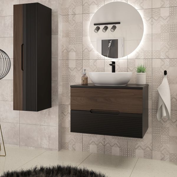 Zestaw Megstyl Avella szafka 80x45,8x50 cm podumywalkowa wisząca czarna-orzech z blatem umywalka biała i szafka 34,5x31,8x130 cm boczna ...