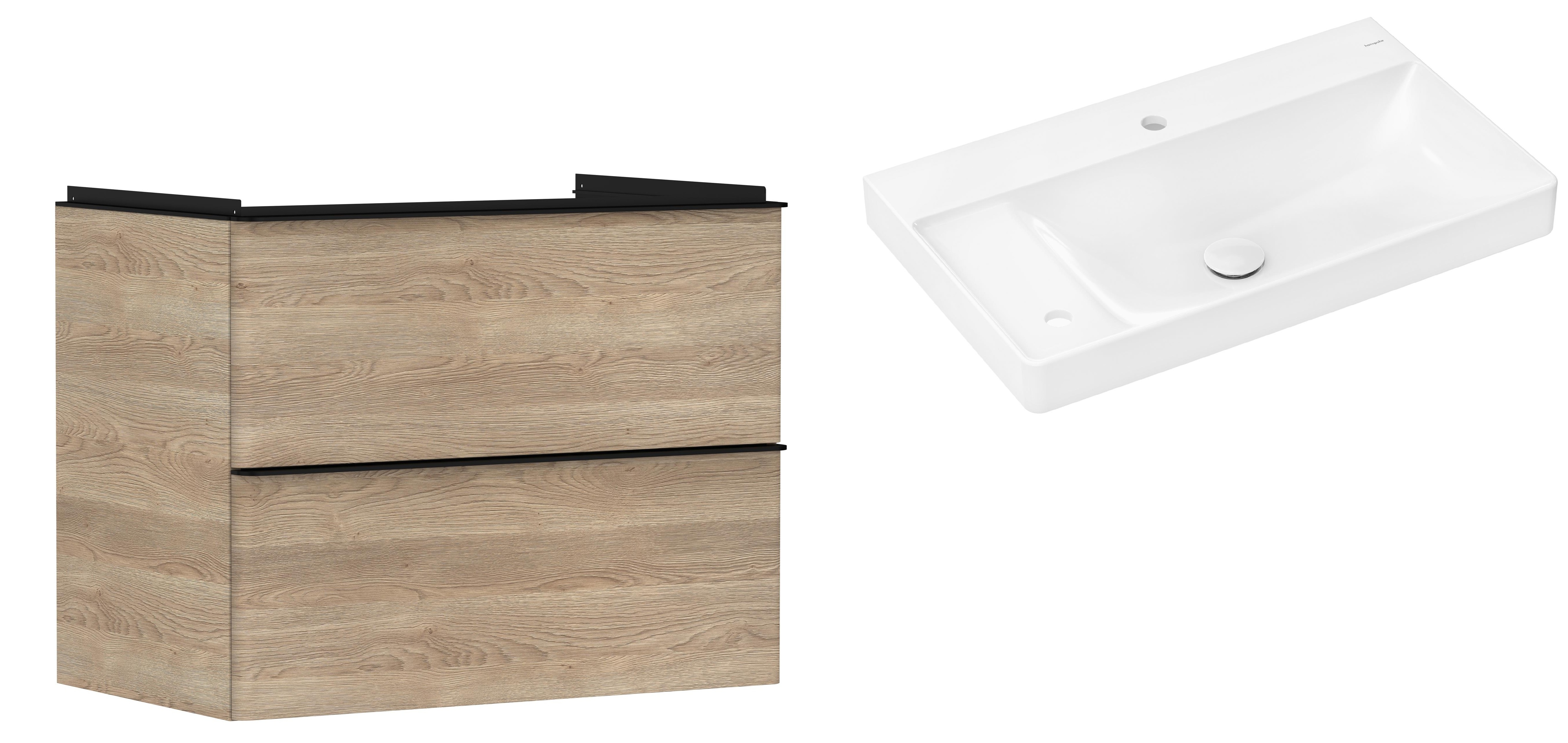 Hansgrohe Xelu Q szafka wisząca z umywalką 80x48 cm naturalny dąb/czarny mat/biały (54029670, 61031450)