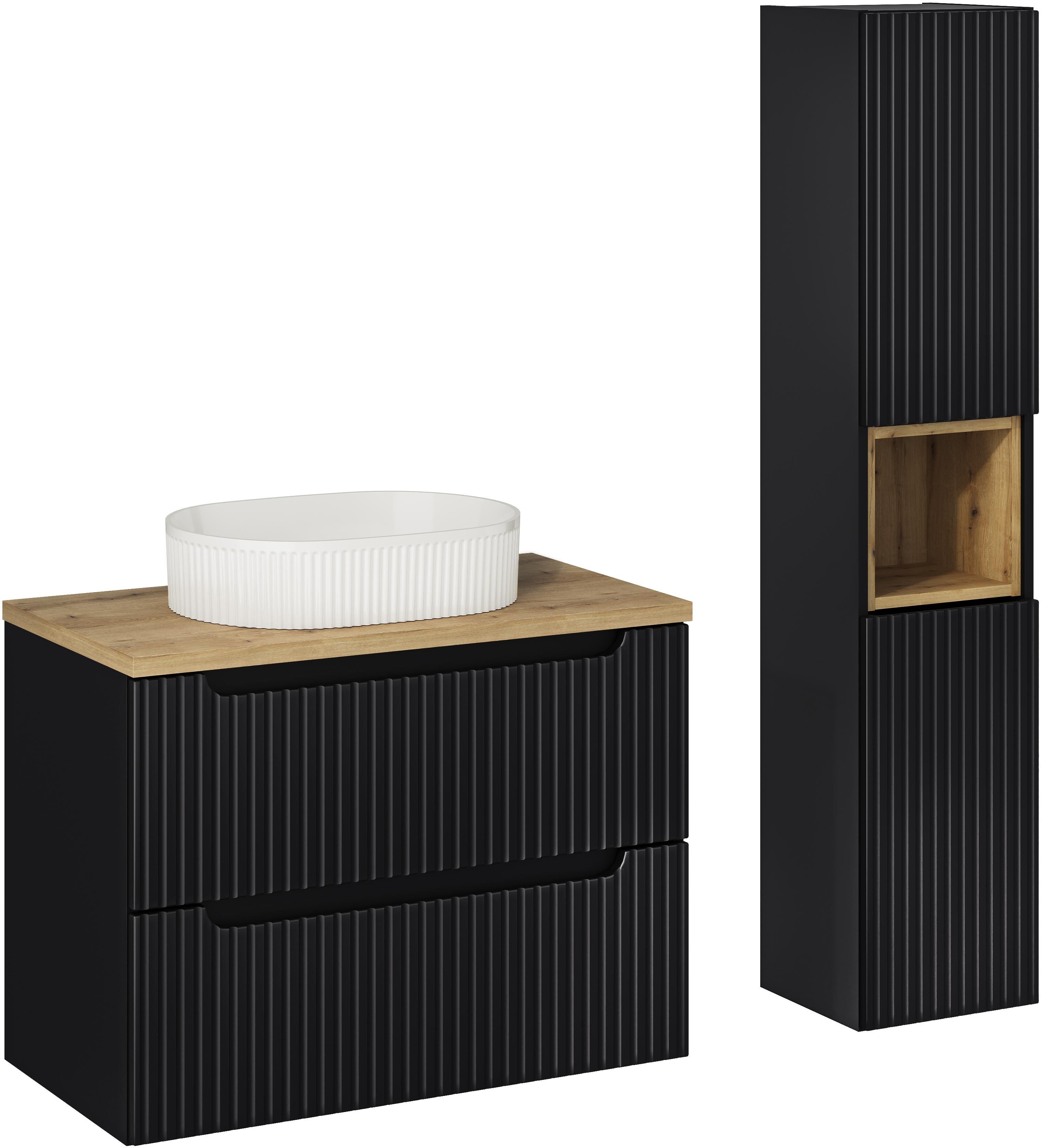Zestaw Comad Nova Black szafka 80x39x57 cm podumywalkowa wisząca czarna z blatem, umywalką, szafką boczną i regałem SET-NOB B OAK 80CM ...