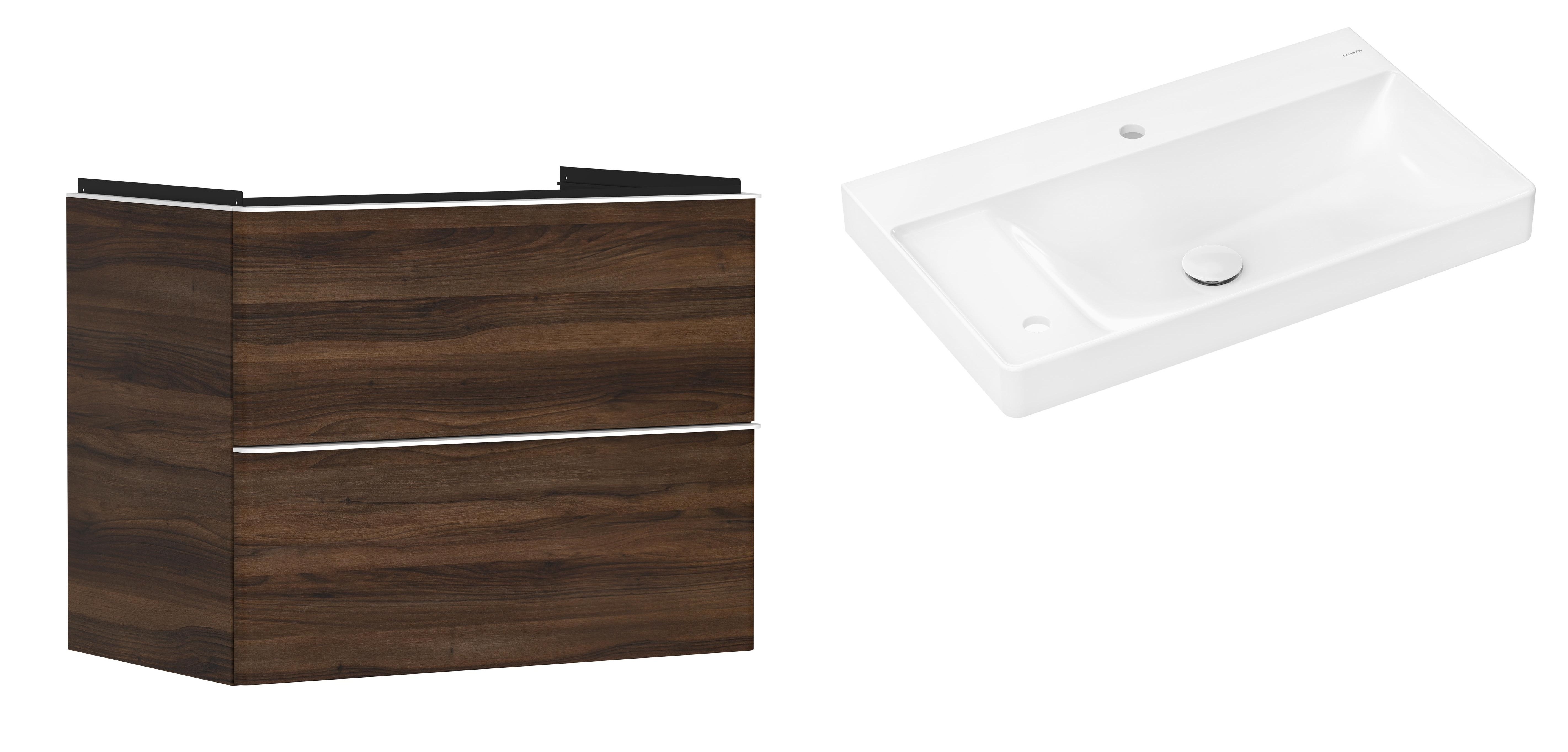 Hansgrohe Xelu Q szafka wisząca z umywalką 80x48 cm ciemny orzech/biały mat/biały (54030700, 61031450)