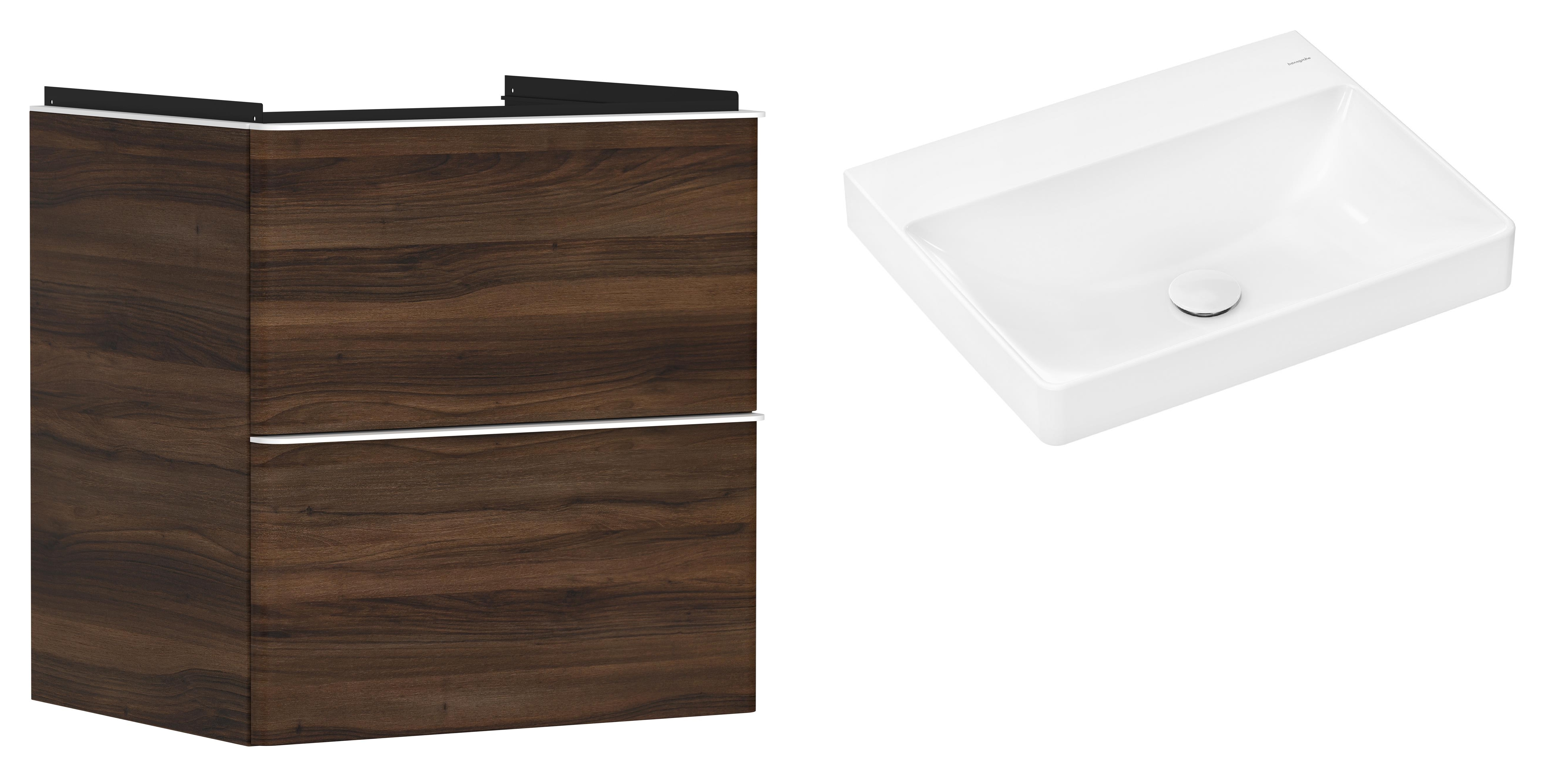 Hansgrohe Xelu Q szafka wisząca z umywalką 60x48 cm ciemny orzech/biały mat/biały (54026700, 61017450)