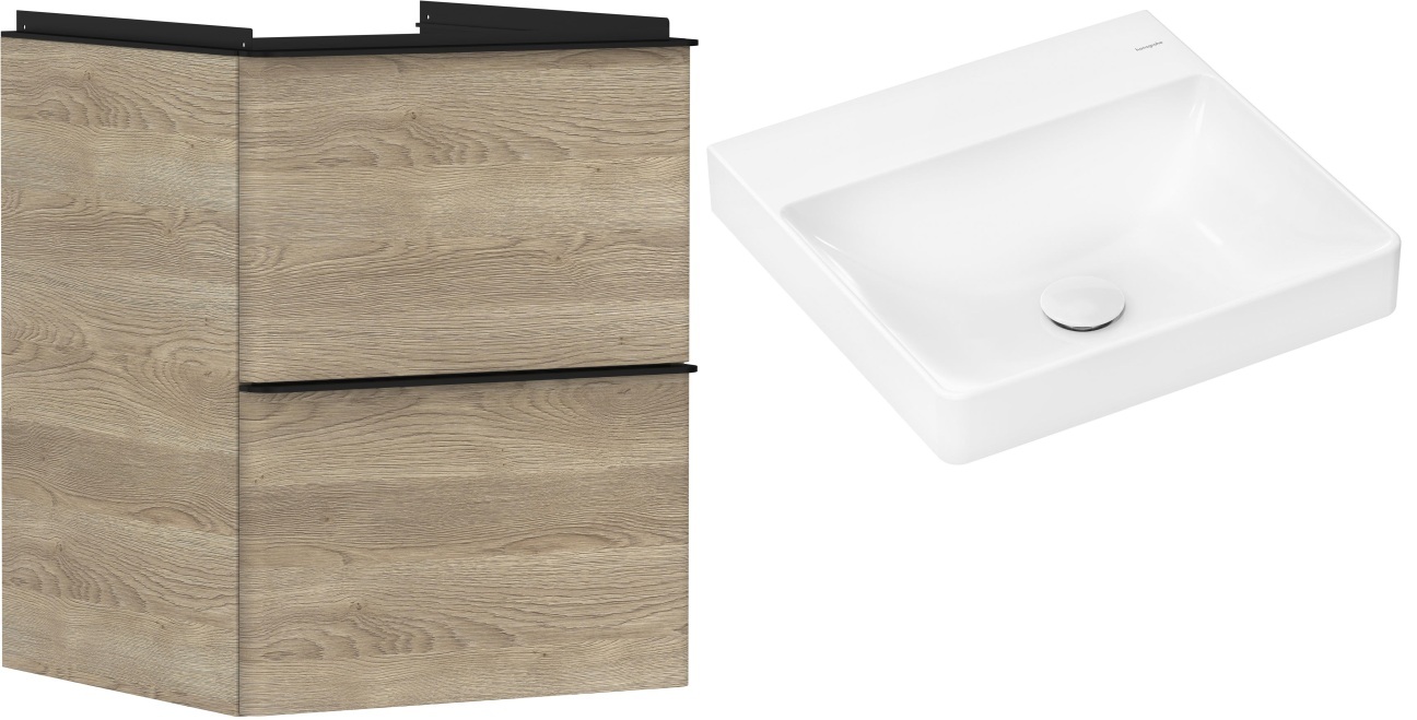 Hansgrohe Xelu Q szafka wisząca z umywalką 50x48 cm naturalny dąb/czarny mat (54021670, 61013450)
