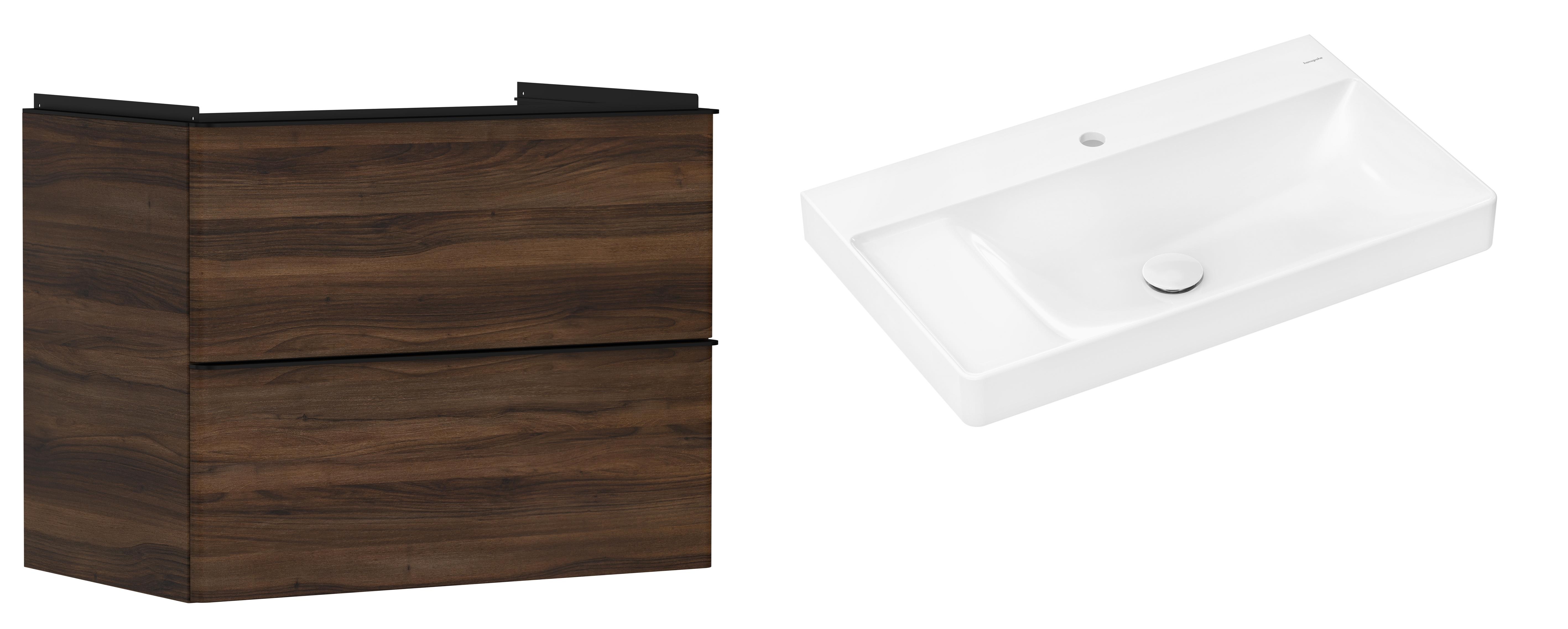 Hansgrohe Xelu Q szafka wisząca z umywalką 80x48 cm ciemny orzech/czarny mat/biały (54030670, 61030450)