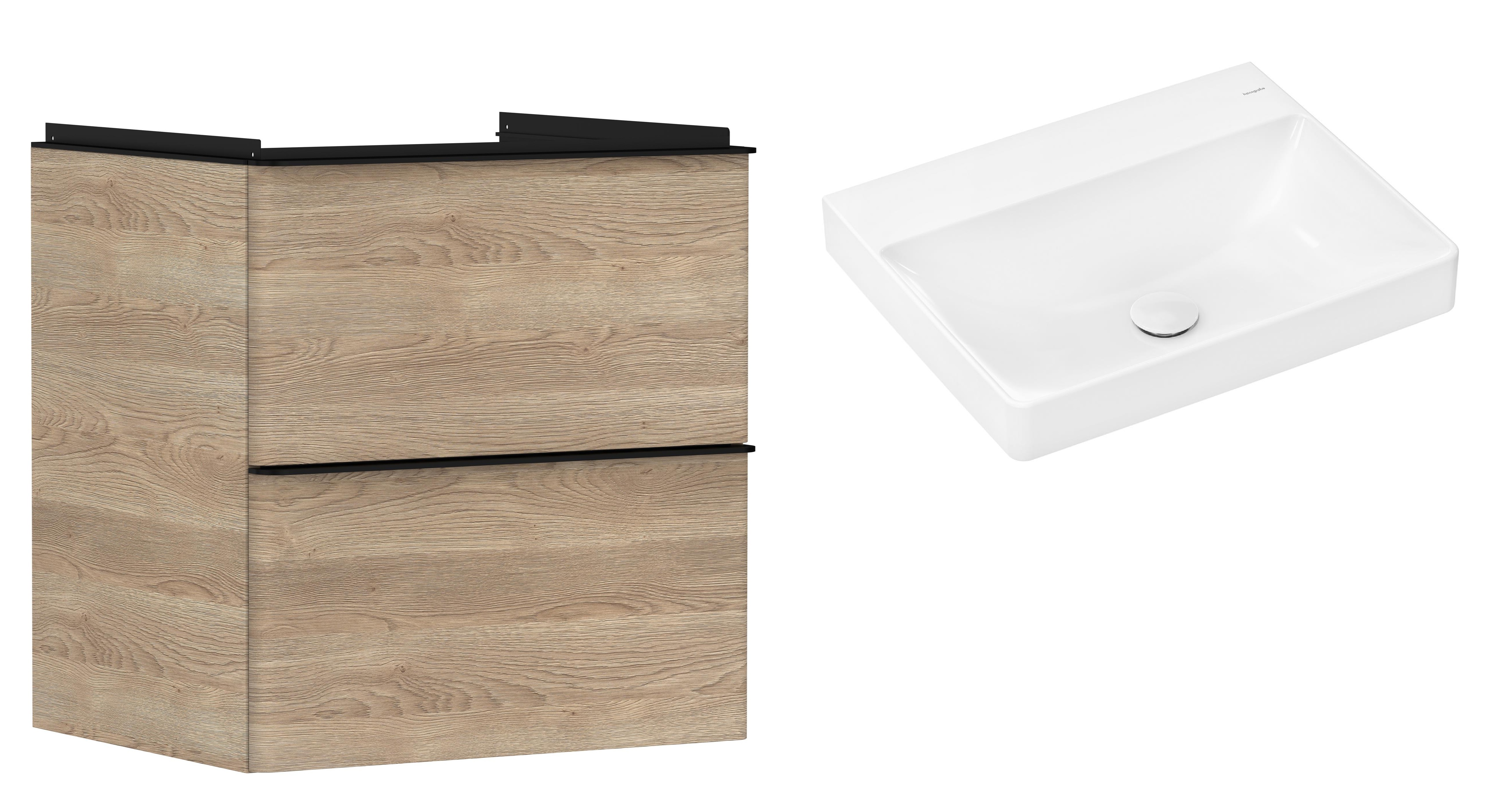 Hansgrohe Xelu Q szafka wisząca z umywalką 60x48 cm naturalny dąb/czarny mat/biały (54025670, 61017450)