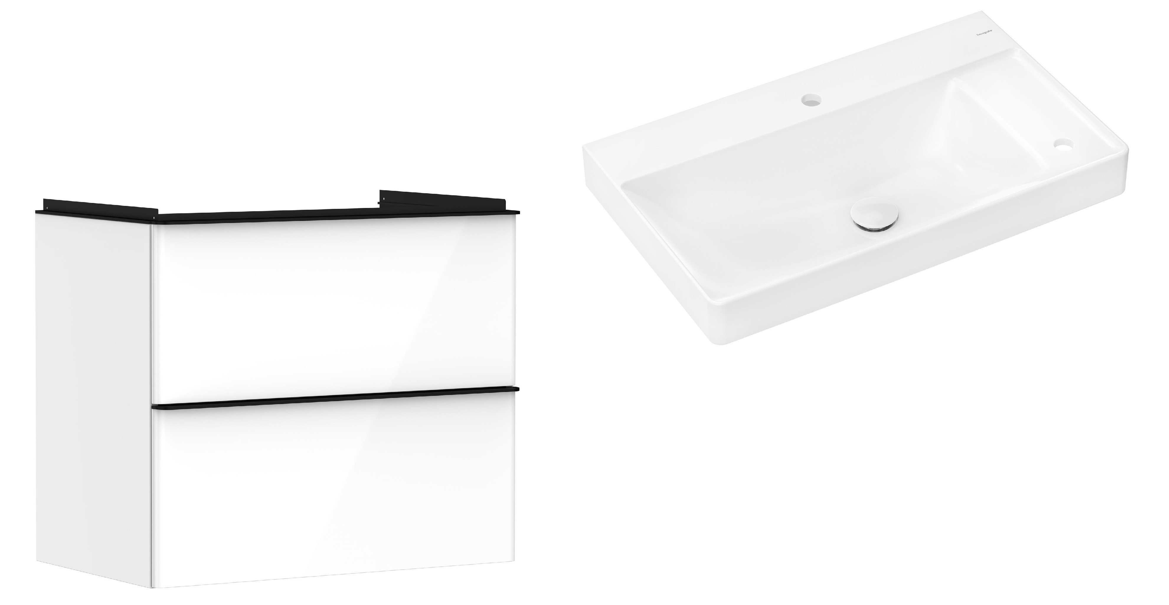 Hansgrohe Xelu Q szafka wisząca z umywalką 80x48 cm biały wysoki połysk/czarny mat/biały (54027670, 61025450)