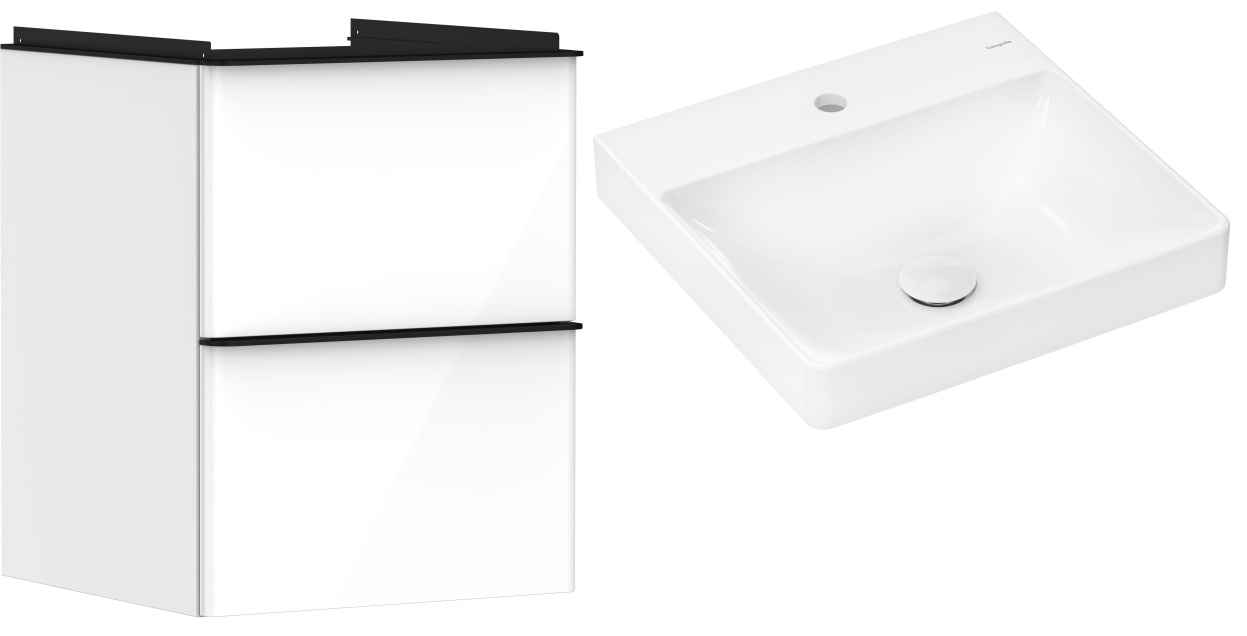 Hansgrohe Xelu Q szafka wisząca z umywalką 50x48 cm biały wysoki połysk/czarny mat/biały (54019670, 61012450)