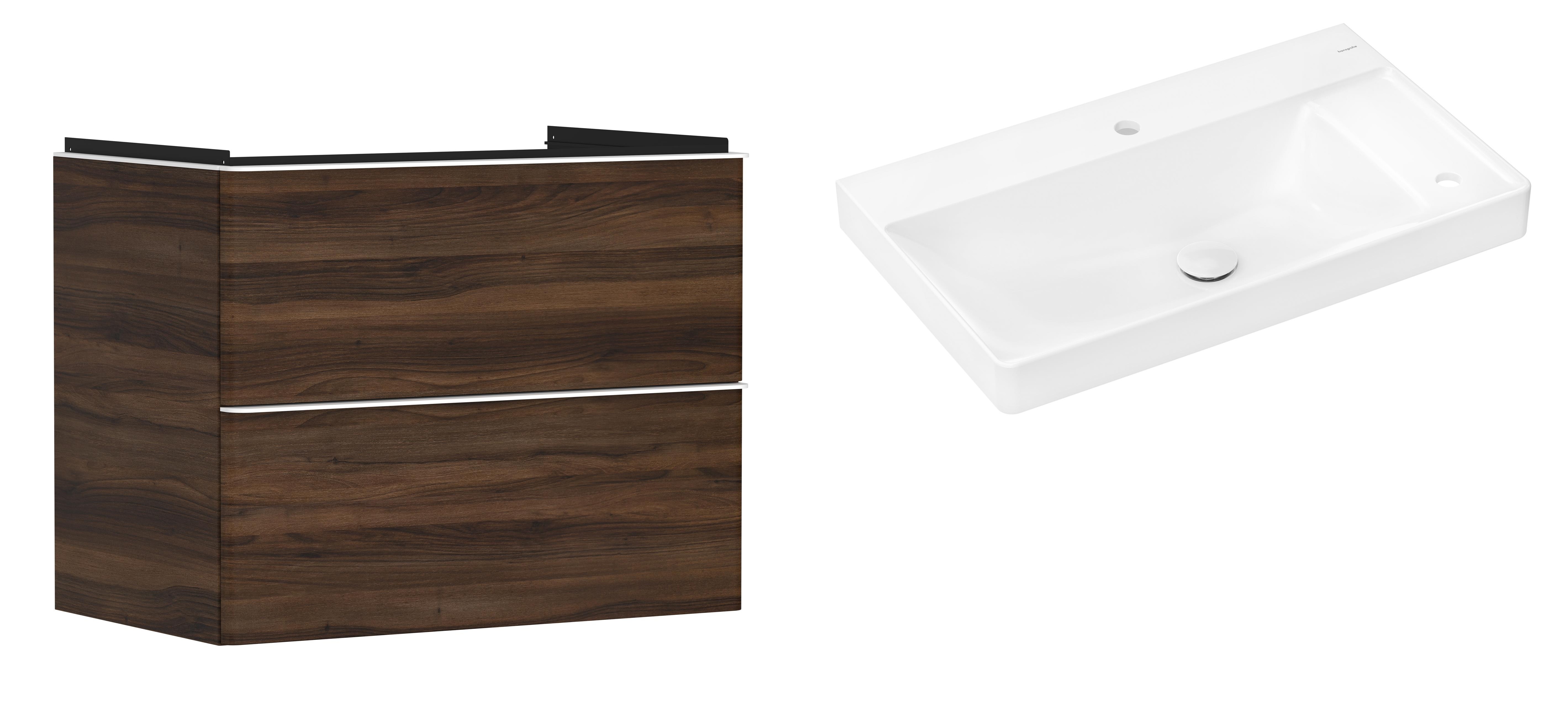 Hansgrohe Xelu Q szafka wisząca z umywalką 80x48 cm ciemny orzech/biały mat/biały (54030700, 61025450)