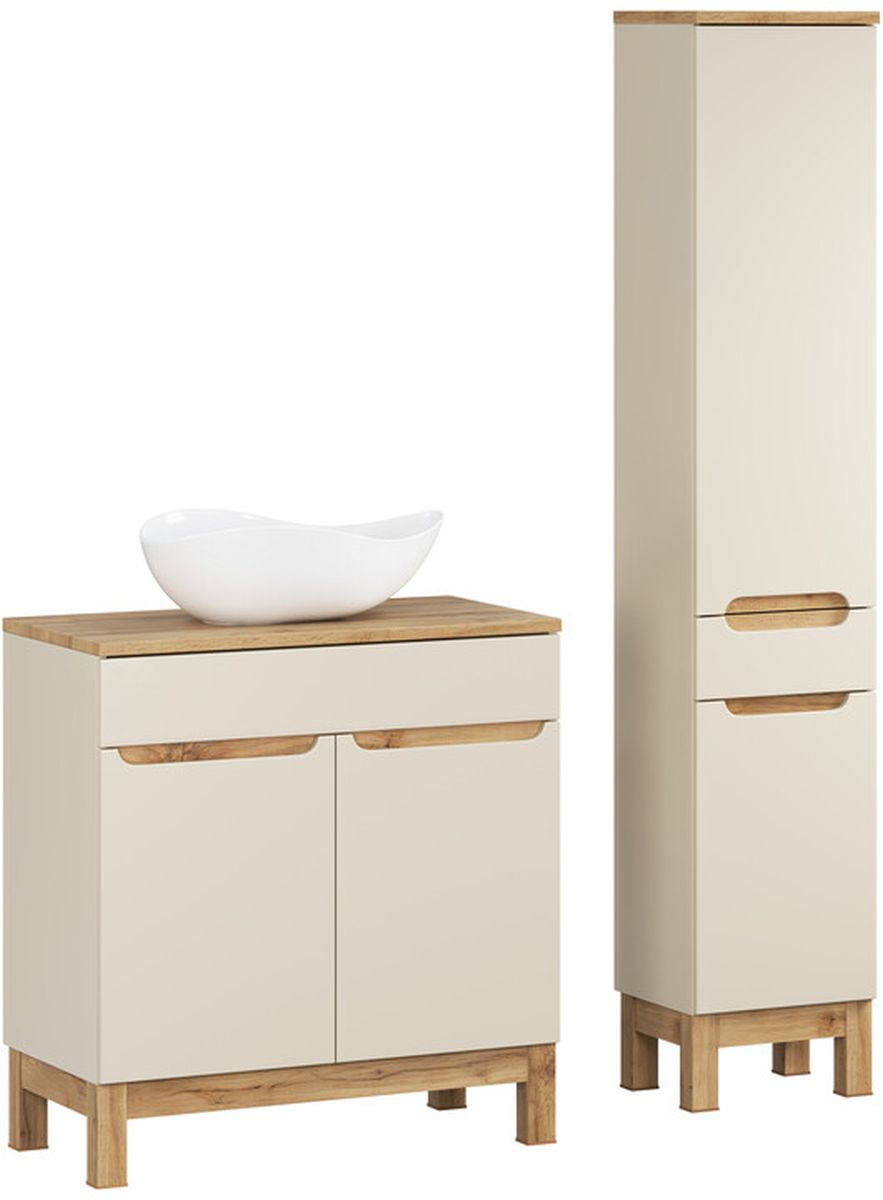 Comad Bali Cashmere zestaw meblowy 80 cm szafka stojąca z umywalką Cloud i szafka wysoka boczna kaszmir/dąb/biały SET-BAC B WOTAN 80CM ...
