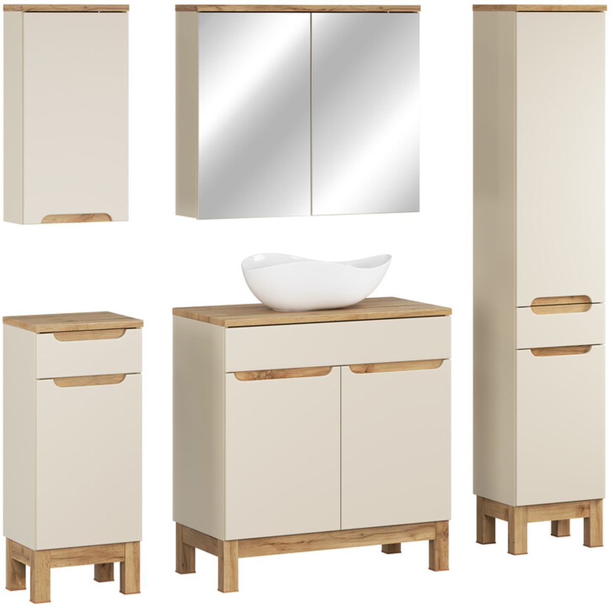 Comad Bali Cashmere zestaw meblowy 80 cm szafka stojąca z umywalką Cloud i szafki boczne stojące/wiszące/lustrzana kaszmir/biały ...