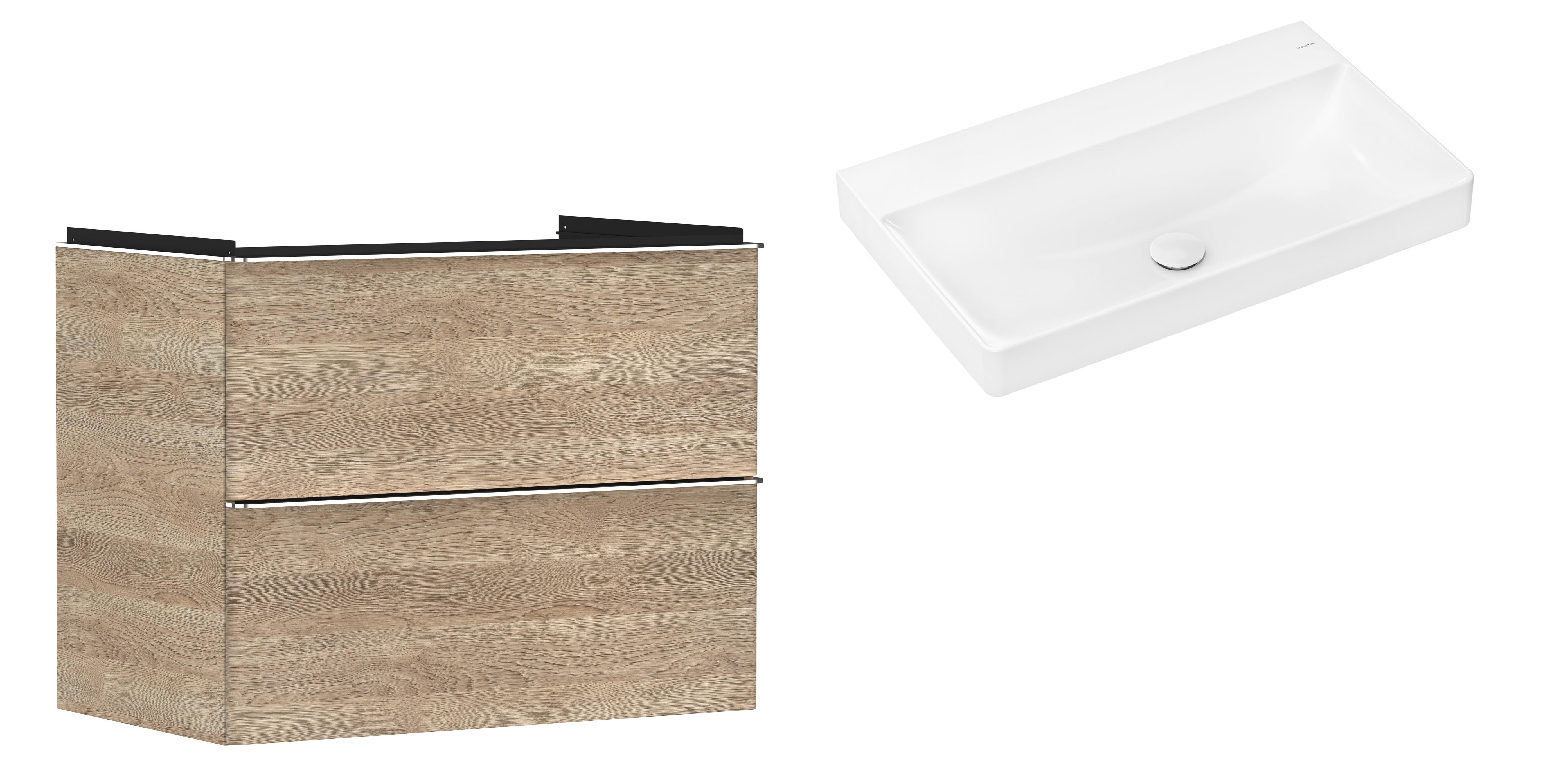 Hansgrohe Xelu Q szafka wisząca z umywalką 80x48 cm naturalny dąb/chrom/biały (54029000, 61021450)
