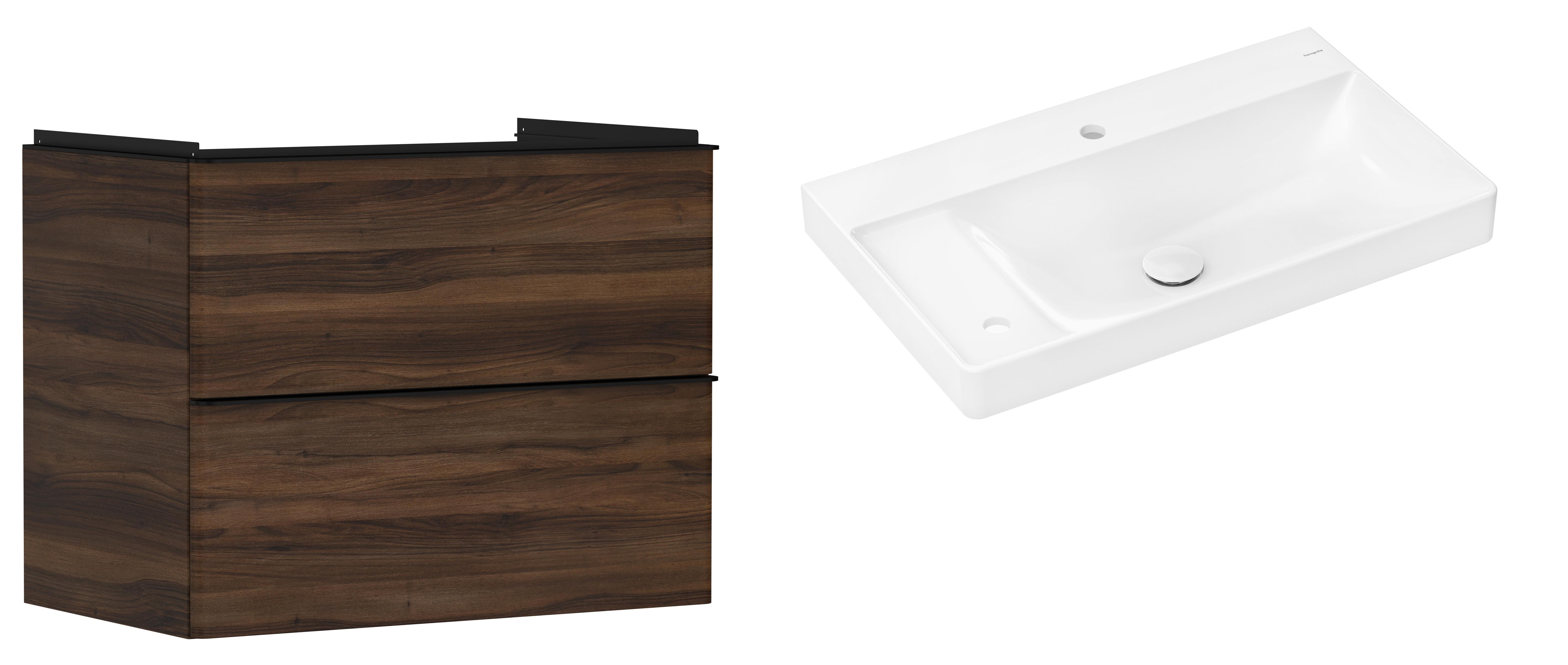 Hansgrohe Xelu Q szafka wisząca z umywalką 80x48 cm ciemny orzech/czarny mat/biały (54030670, 61031450)
