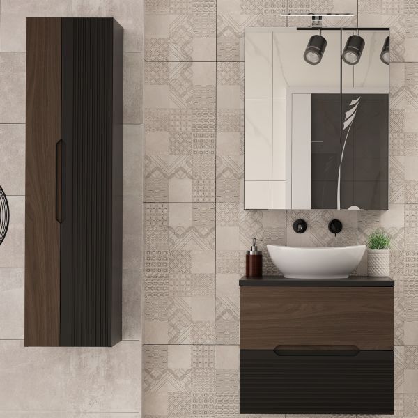 Zestaw Megstyl Avella szafka 60x45,8x50 cm podumywalkowa wisząca czarna-orzech z blatem umywalka biała i szafka 34,5x31,8x130 cm boczna ...