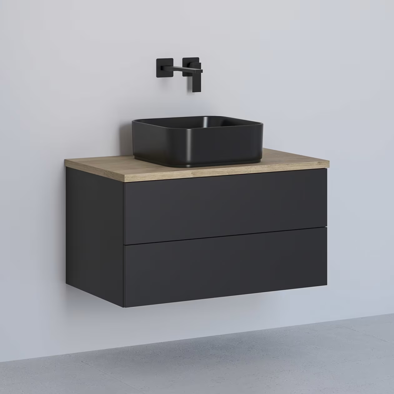 Kronenbach Cube szafka z blatem 81x48,7x44,5 cm podumywalkowa wisząca czarny mat-jasny dąb KBWTKOWTL812SMGH