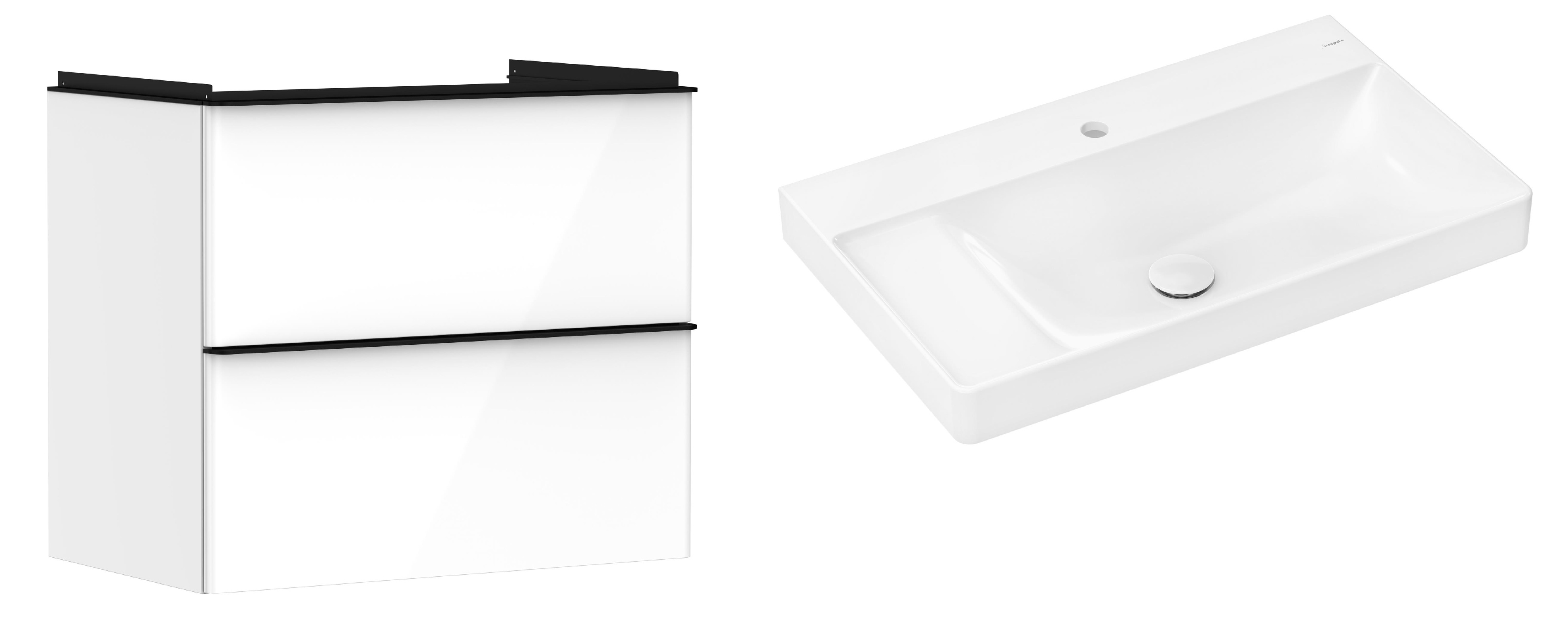 Hansgrohe Xelu Q szafka wisząca z umywalką 80x48 cm biały wysoki połysk/czarny mat/biały (54027670, 61030450)