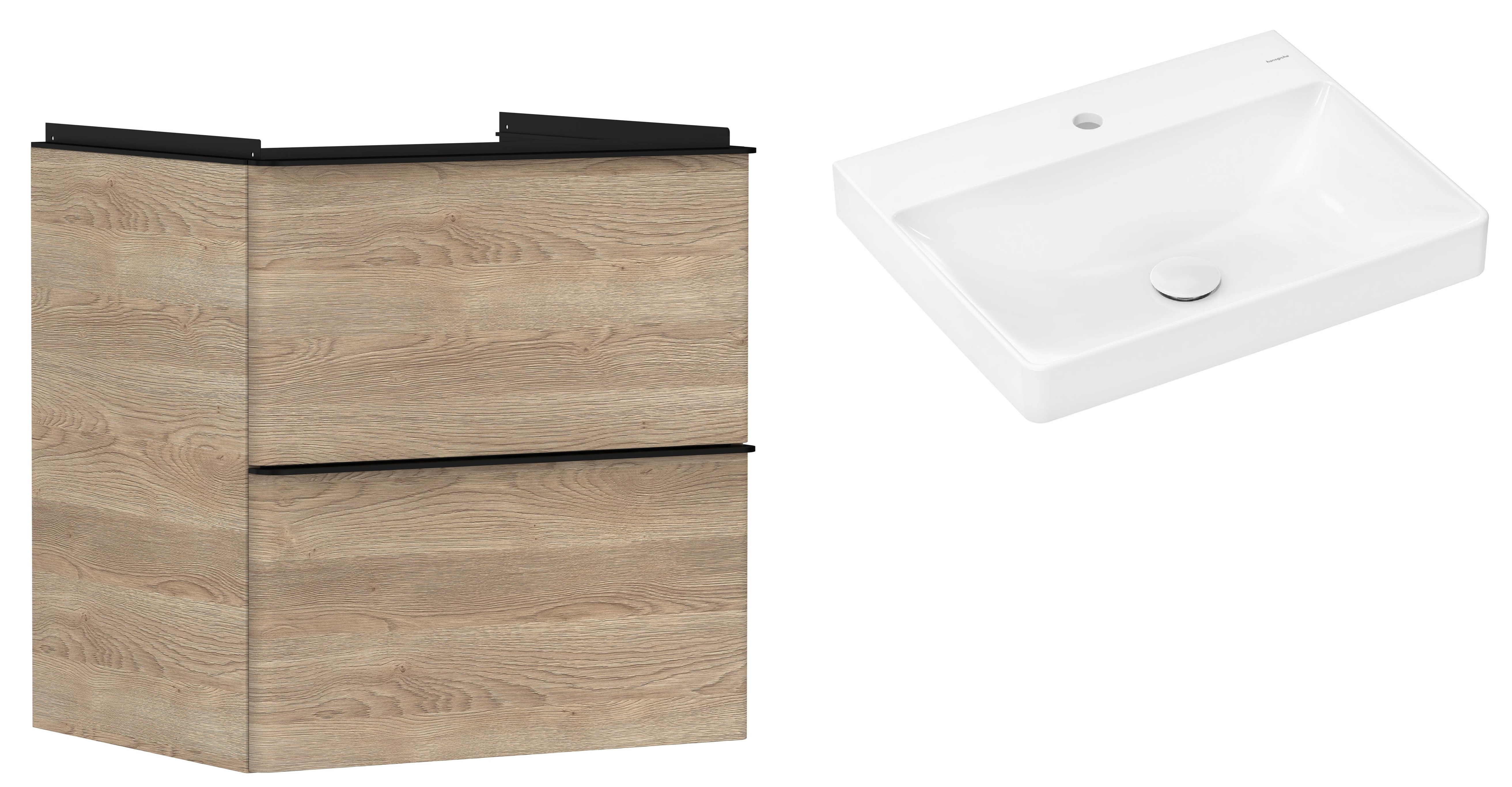 Hansgrohe Xelu Q szafka wisząca z umywalką 60x48 cm naturalny dąb/czarny mat/biały (54025670, 61016450)