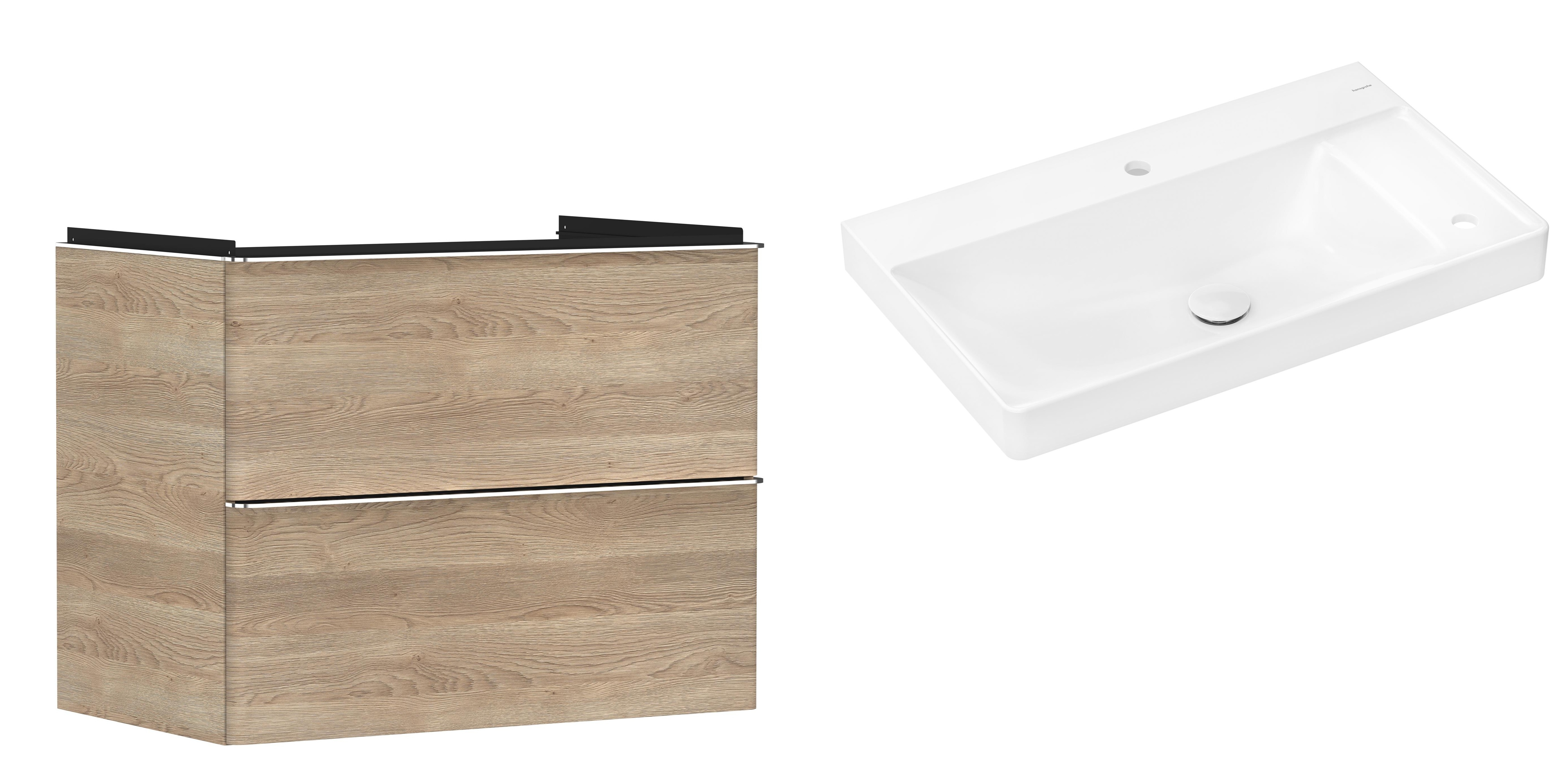 Hansgrohe Xelu Q szafka wisząca z umywalką 80x48 cm naturalny dąb/chrom/biały (54029000, 61025450)