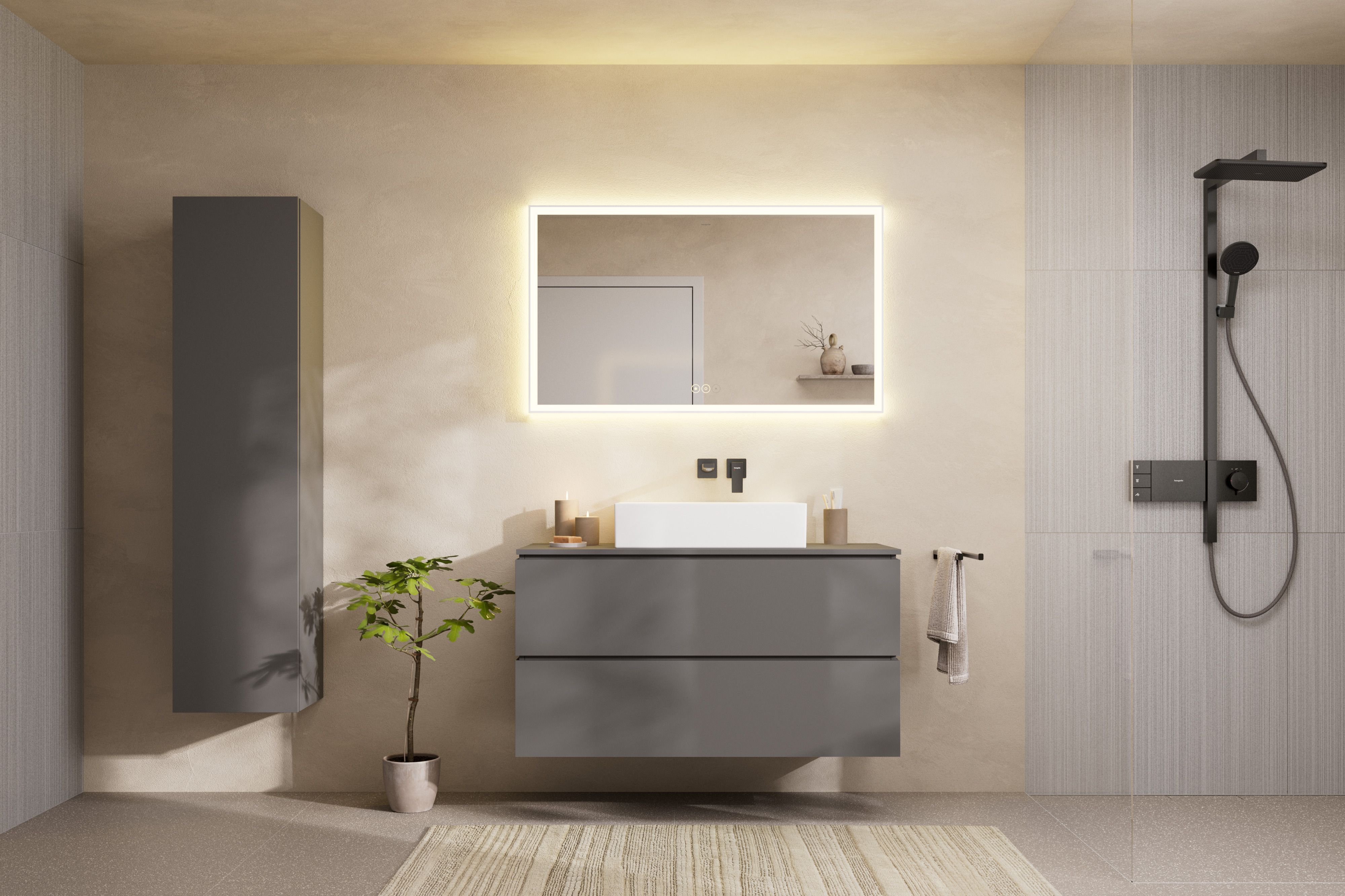Hansgrohe Raindance Alive Q zestaw prysznicowy ścienny termostatyczny z deszczownicą czarny chrom szczotkowany 24591340