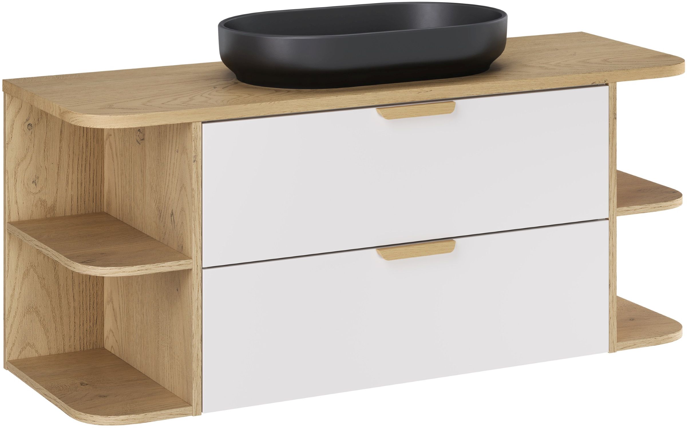 Zestaw Comad Aster White szafka 80 cm podumywalkowa wisząca z blatem 120 cm, dwoma regałami 20 cm otwartymi i umywalką biały/dąb ...