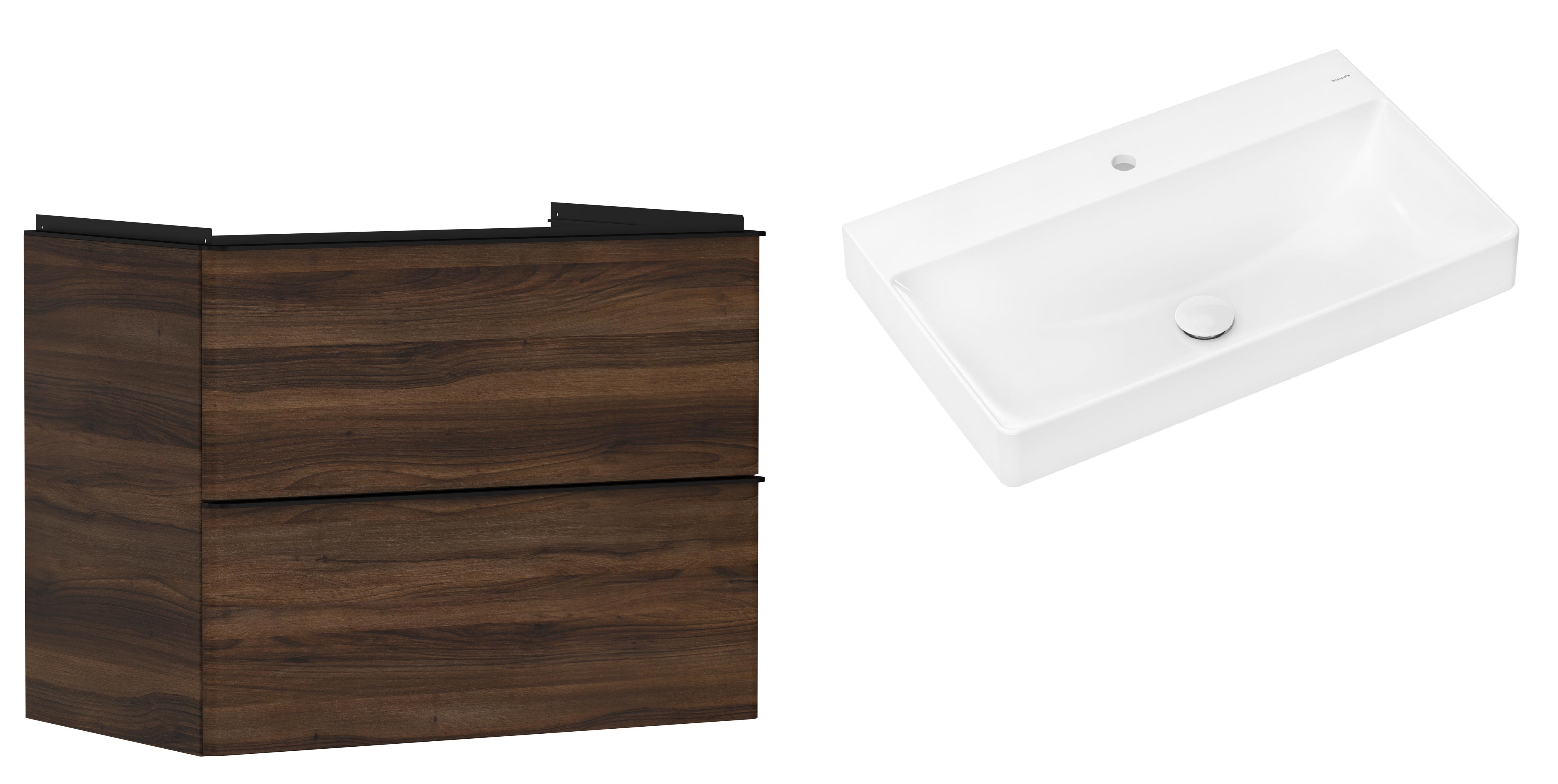 Hansgrohe Xelu Q szafka wisząca z umywalką 80x48 cm ciemny orzech/czarny mat/biały (54030670, 61020450)
