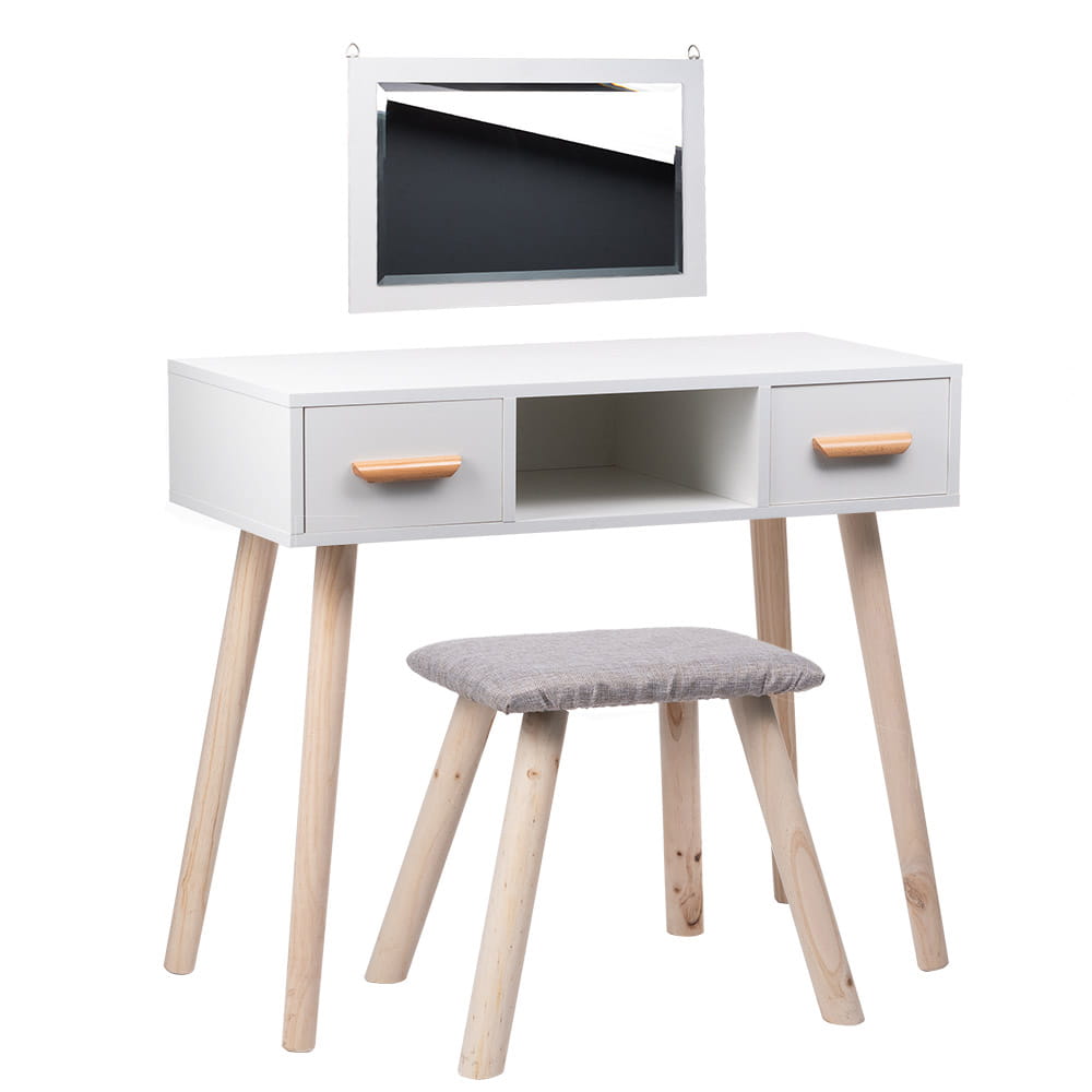 BS Toaletka biała Alva lustro + 2 szuflady + taboret