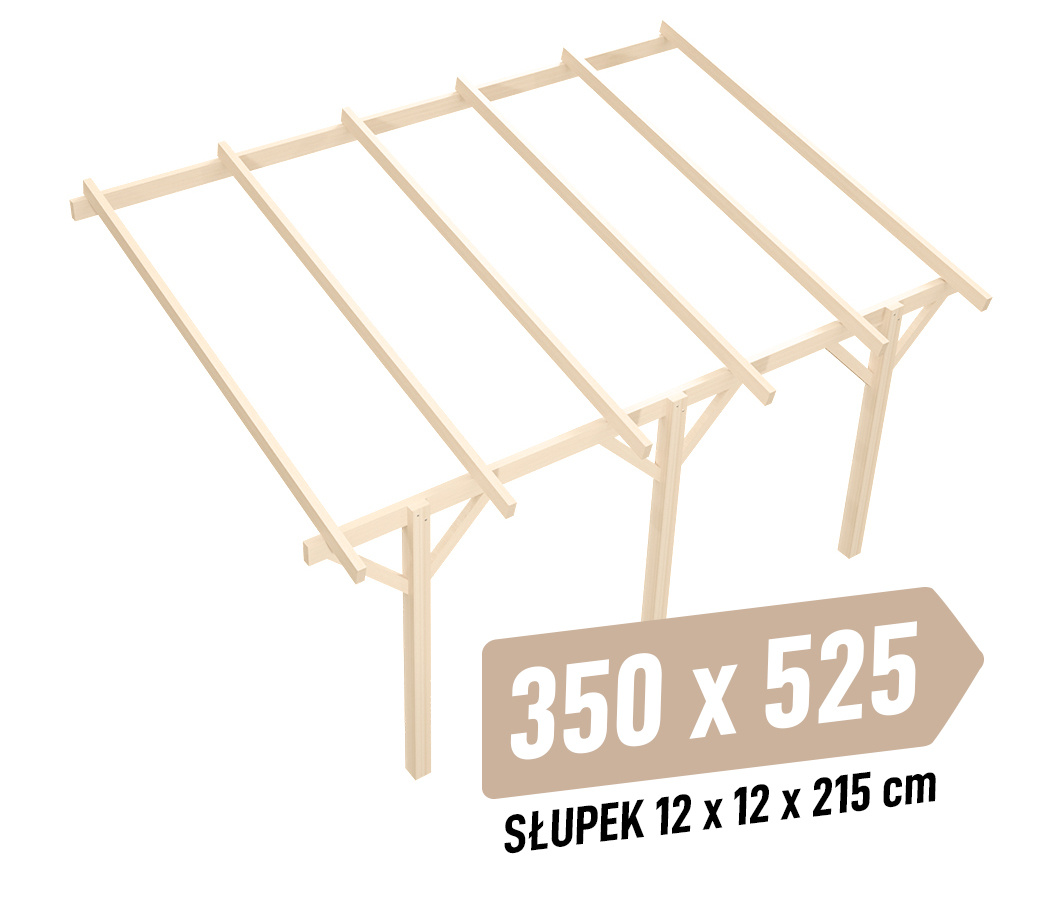 Zadaszenie tarasu KVH Sucha Premium - 350 x 525 cm - słupki 12x12x215 cm przyścienne drewniane - zastrzał prosty