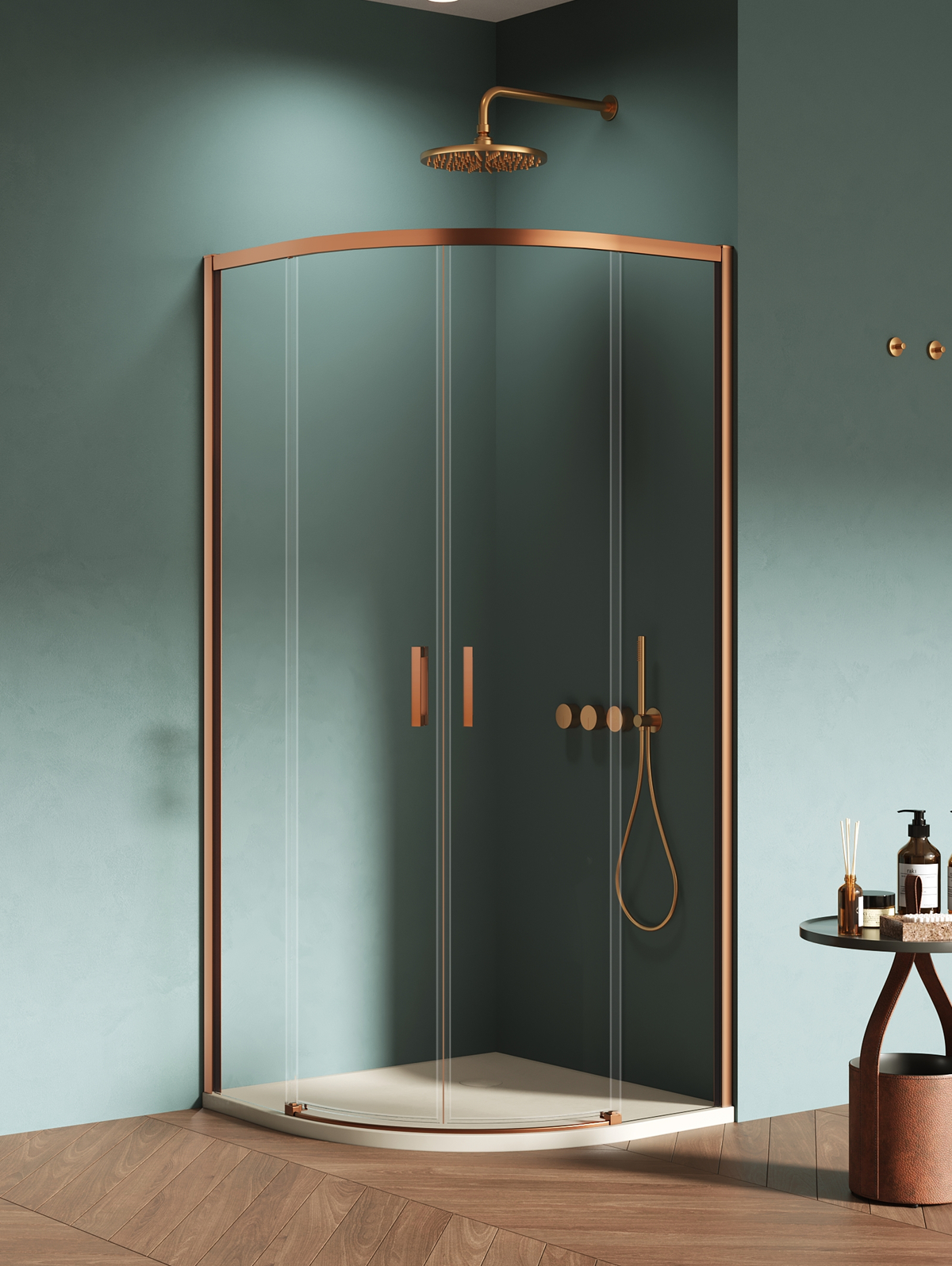 Darmowa Dostawa - Kabina prysznicowa 90x90 cm półokrągła miedź szczotkowany/szkło przezroczyste New Trendy Prime Copper Brushed K3591