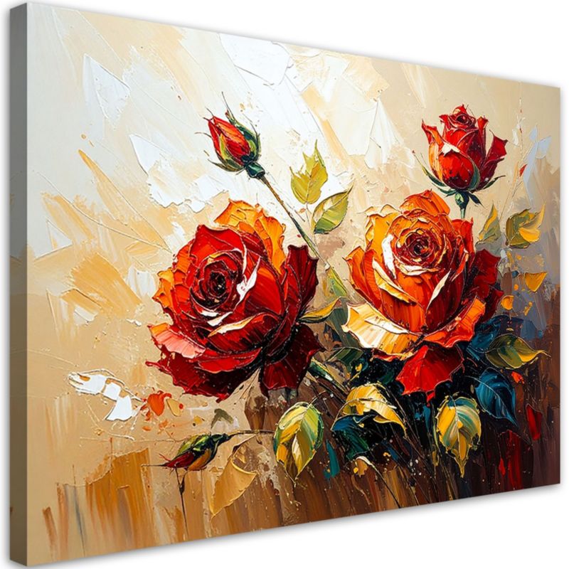 Obraz nowoczesny Feeby Czerwone Róże Kwiaty na beżowym tle efekt farby 120x80cm 1szt