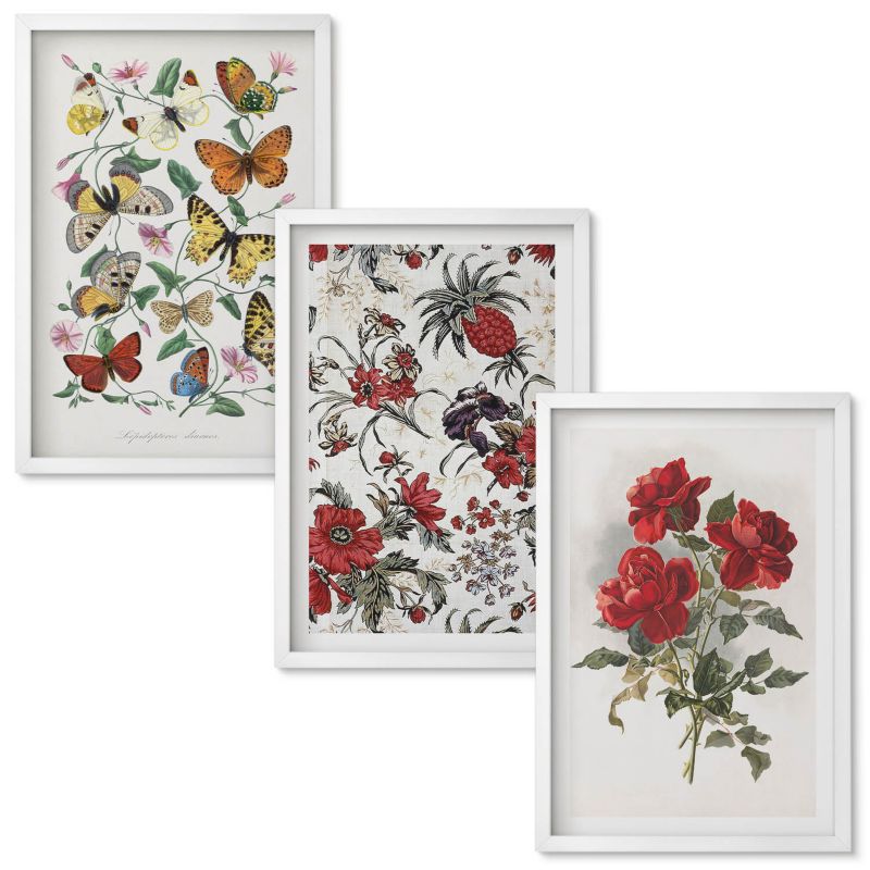 Set Obrazów w Ramie Wallfluent Motyle kwiaty czerwone róże Biała rama 40x60 cm 3 szt.