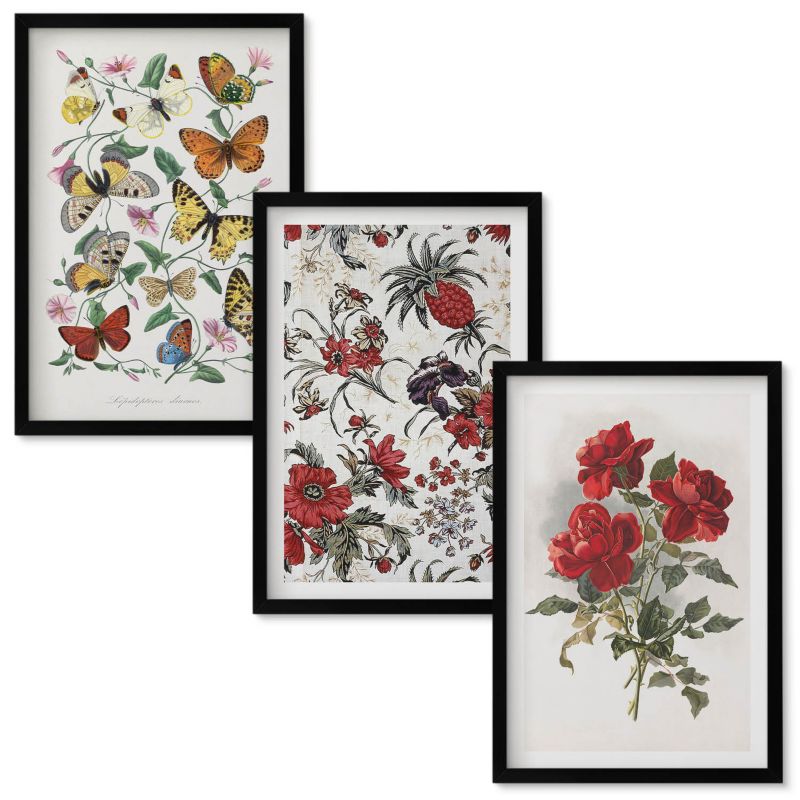 Set Obrazów w Ramie Wallfluent Motyle kwiaty czerwone róże Czarna rama 40x60 cm 3 szt.