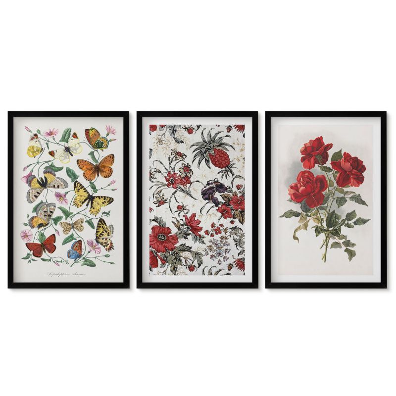 Zestaw 3 obrazów w czarnych ramach Tulup 40x60 cm Motyle kwiaty czerwone róże Dekoracja ścienna do przedpokoju 1 kpl