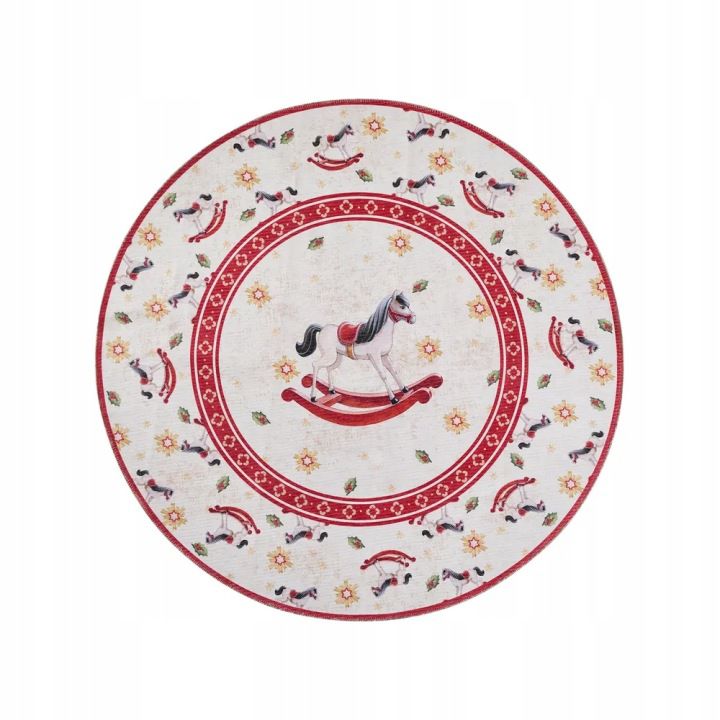 Dywan Villeroy&Boch okrągły 160 cm, świąteczny wzór, koń na biegunach, antypoślizgowy, płasko tkany, 1 szt.
