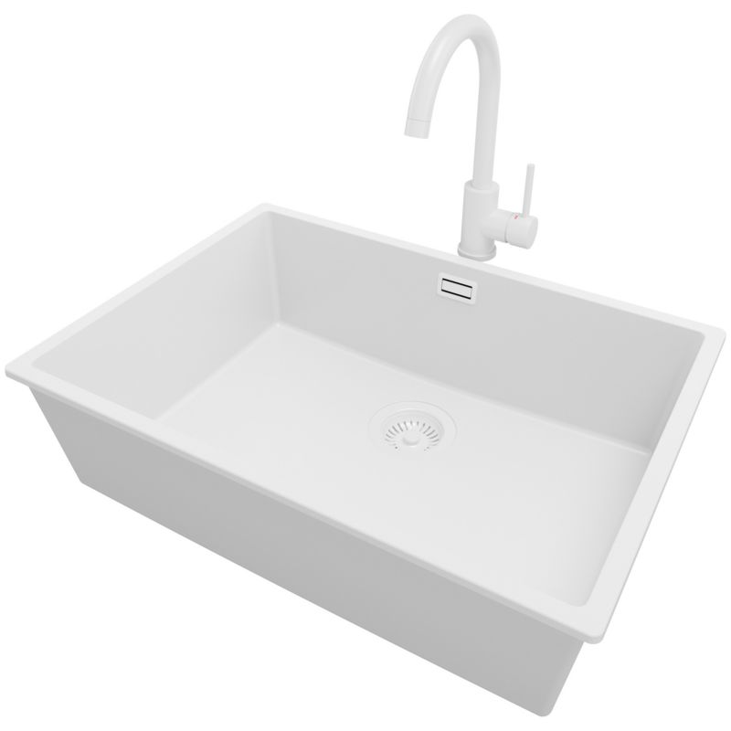 Zlewozmywak Granitowy Londyn Slim PRIMAGRAN Nablatowy 66x47cm do szafki od 70cm, Cały Biały + Bateria + Syfon, S400, 1 szt.