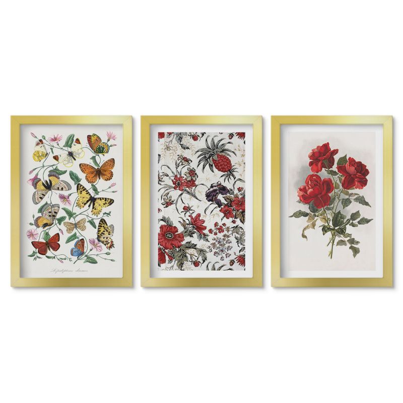 Zestaw 3 obrazów w złotych ramach Tulup 20x30 cm Motyle kwiaty czerwone róże Dekoracja ścienna do przedpokoju 1 kpl