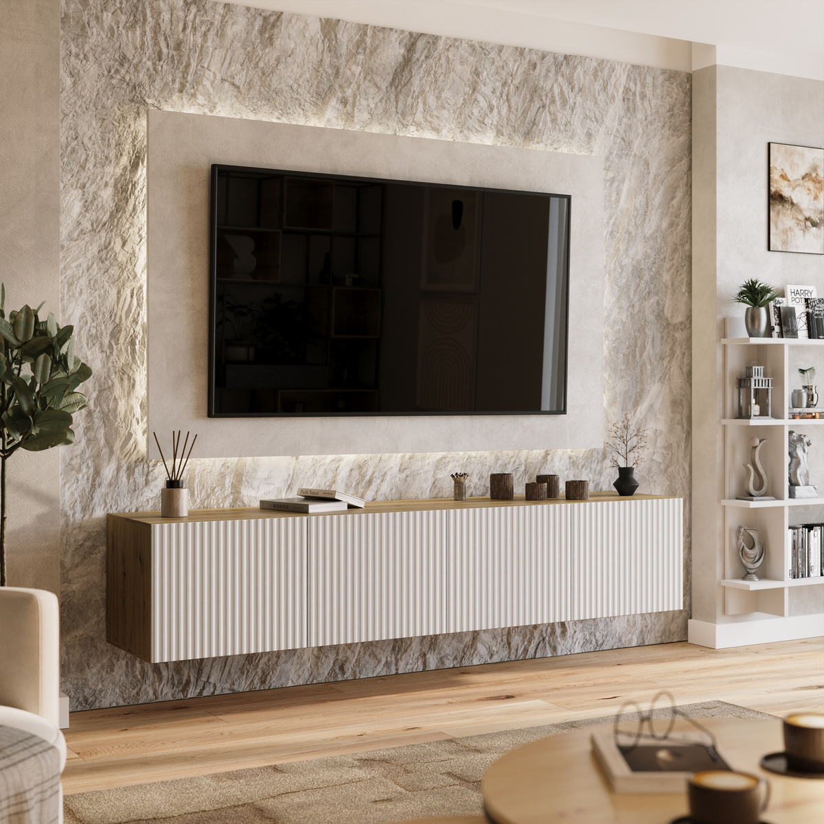 Wisząca szafka rtv 200 cm ryflowana LORI do salonu z półkami