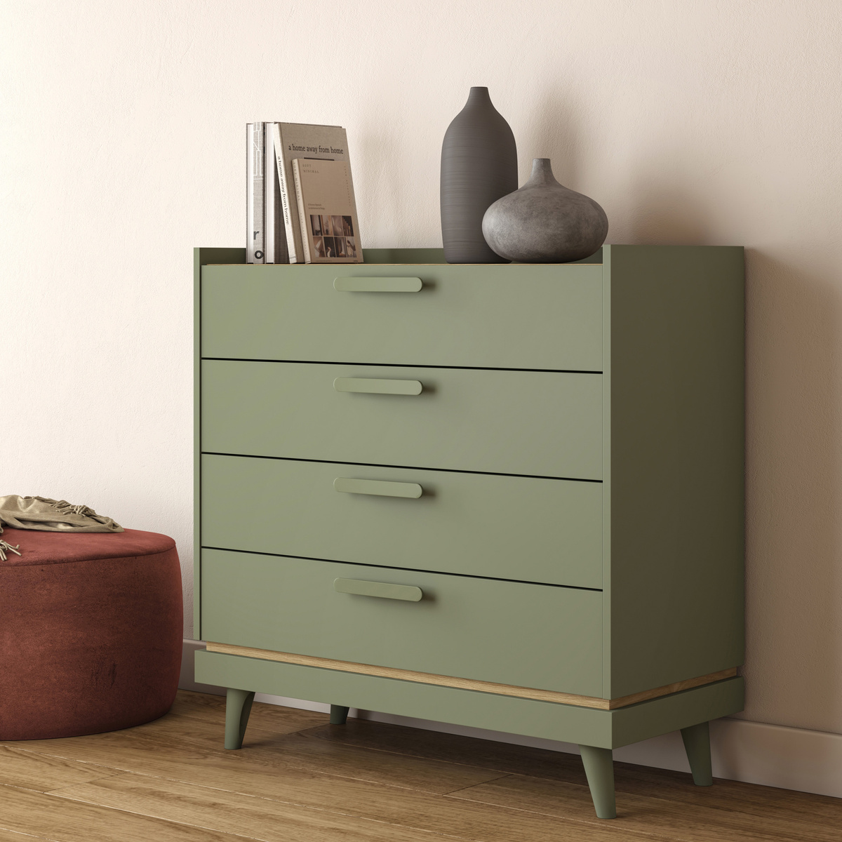 Komoda z szufladami 90 cm na nóżkach SCANDI zgaszona zieleń