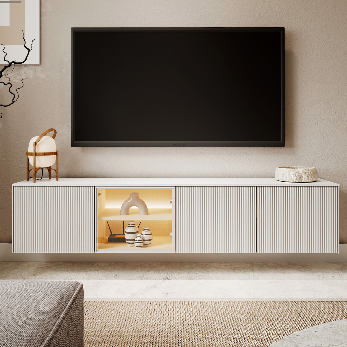 Wisząca szafka RTV przeszkona 195 cm z oświetleniem LED do salonu LIBA biały jedwab