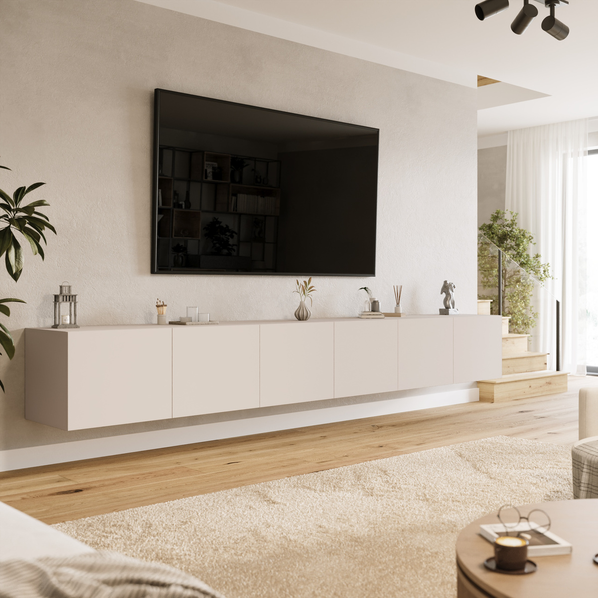 Wisząca szafka RTV 300 cm z półkami do salonu LORI kaszmir