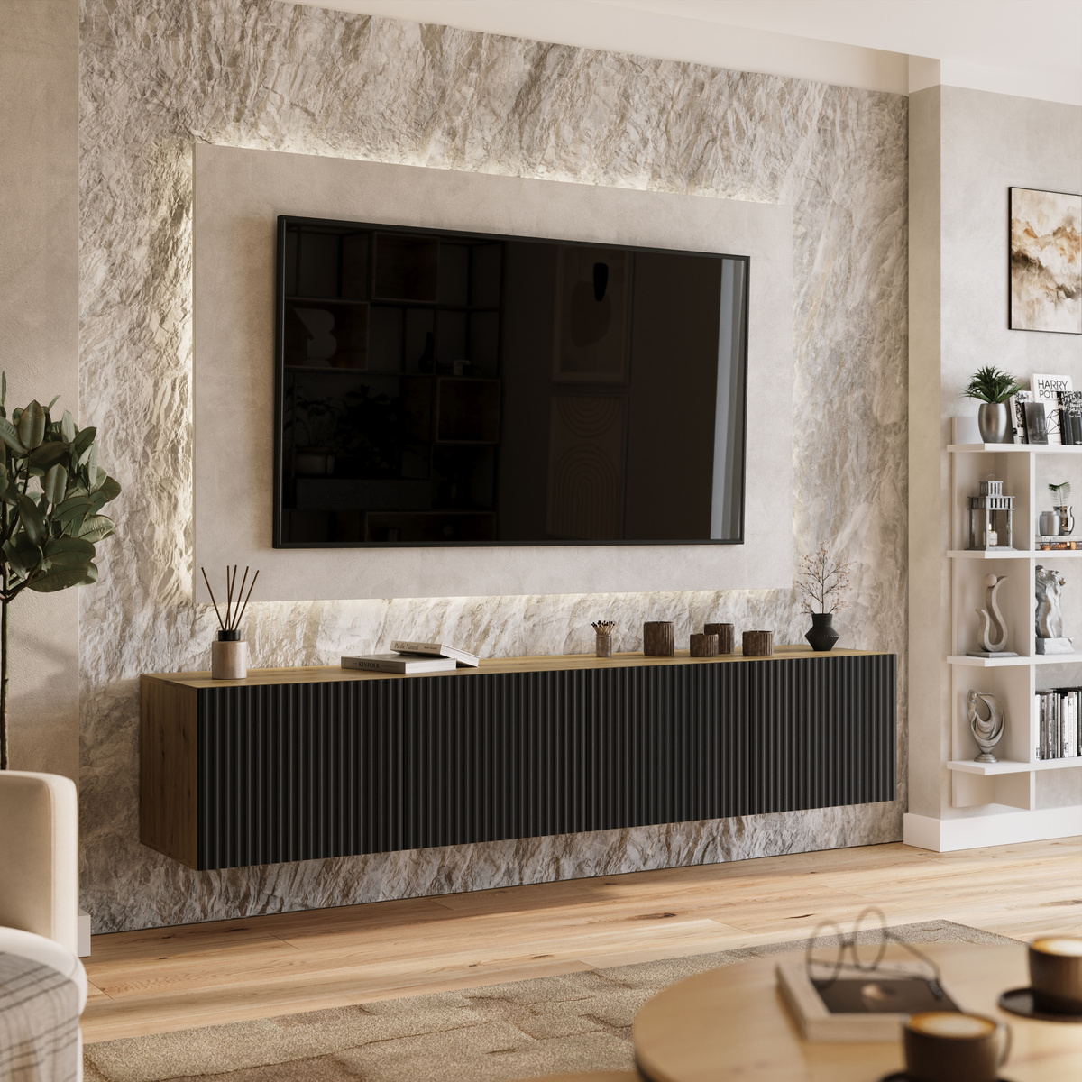 Wisząca szafka pod TV 200 cm do salonu LORI ryflowana z półkami