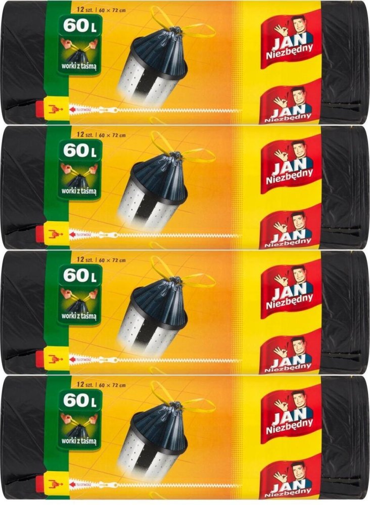 4x Worki na śmieci Jan Niezbędny, z taśmą, na odpady zmieszane, 60l, 12 sztuk, czarny