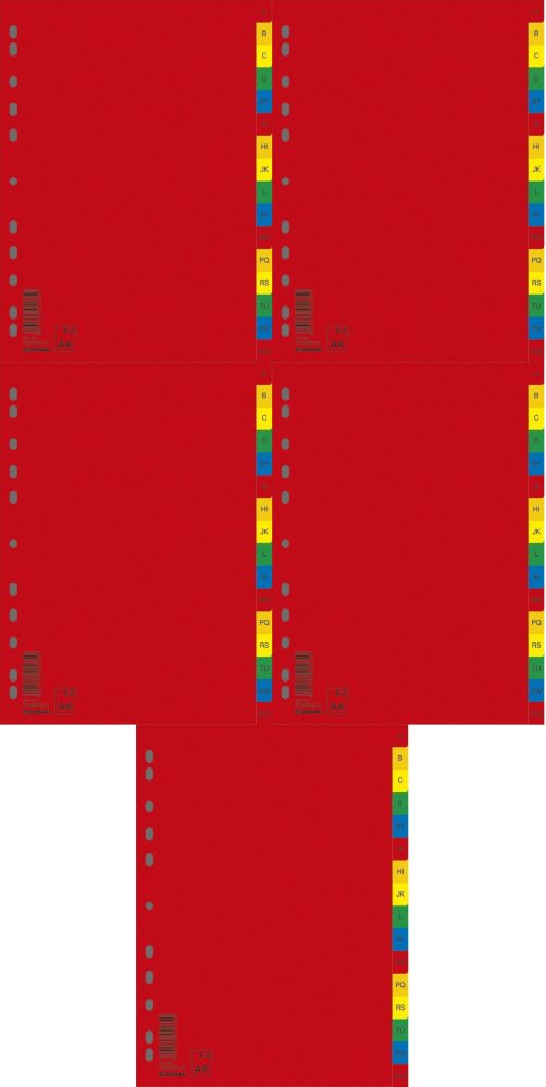 5x Przekładki do segregatora Donau, plastikowe, alfabetyczne, A4, 16 kart, mix kolorów