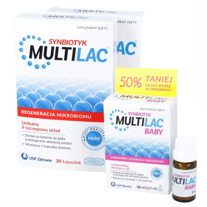 Zestaw: 2 x multilac synbiotyk, 20 kapsułek + multilac baby synbiotyk, krople, 2 x 5 ml
