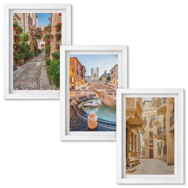 Tryptyk Obrazów w Ramie Wallfluent Urokliwe uliczki fontanny Biała rama 20x30cm 3 szt.