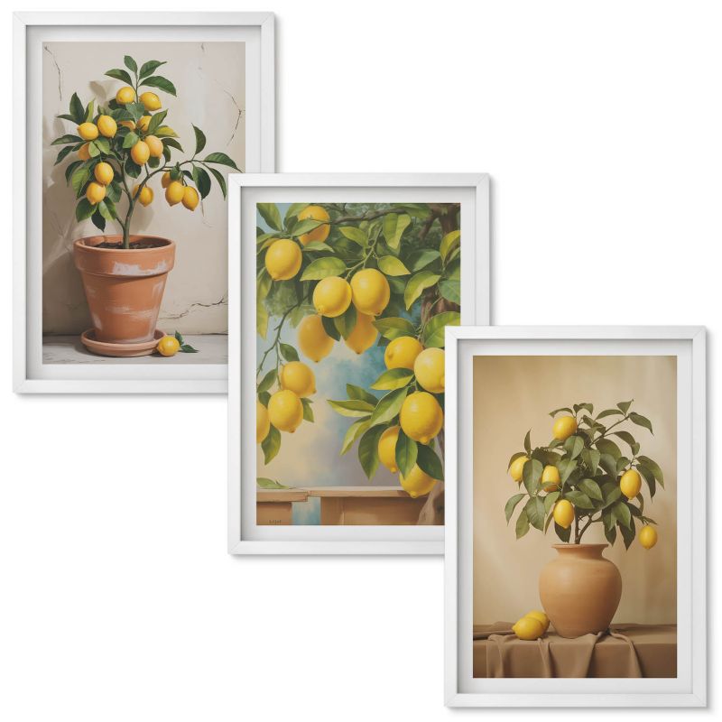 Zestaw obrazów Wallfluent Cytrynowe drzewka doniczki wazon Biała rama 40x60 cm 3 szt.